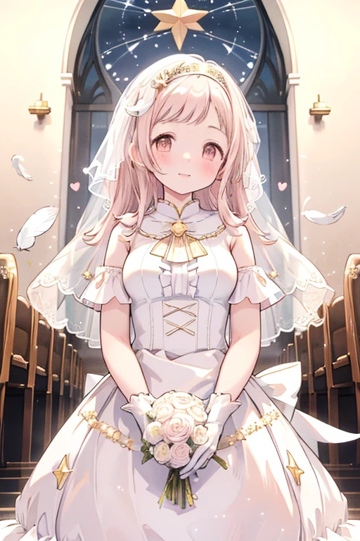 Sakuragi Mano, Mega Breasts,　　　white wedding dress,　　smile, 　　　　Fluffy,　Healing,　　Hair Accessories,　　　Gold trim, (((white star print))), 　 ((White gloves)),　 Frills,　((a litte white pigeon)), ((feathers)),　medium hair, best quality, masterpiece, blush, , flowerpot, spoken heart, ((Pink heart effects)), church,　having a bouquet, standing, wedding veil,