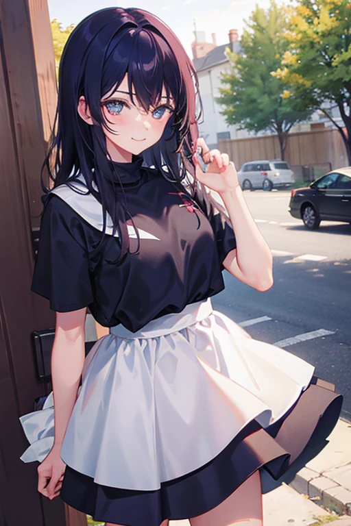 a girl closed eye smilinghand on the cheek long sleevd top and skirt , black hair