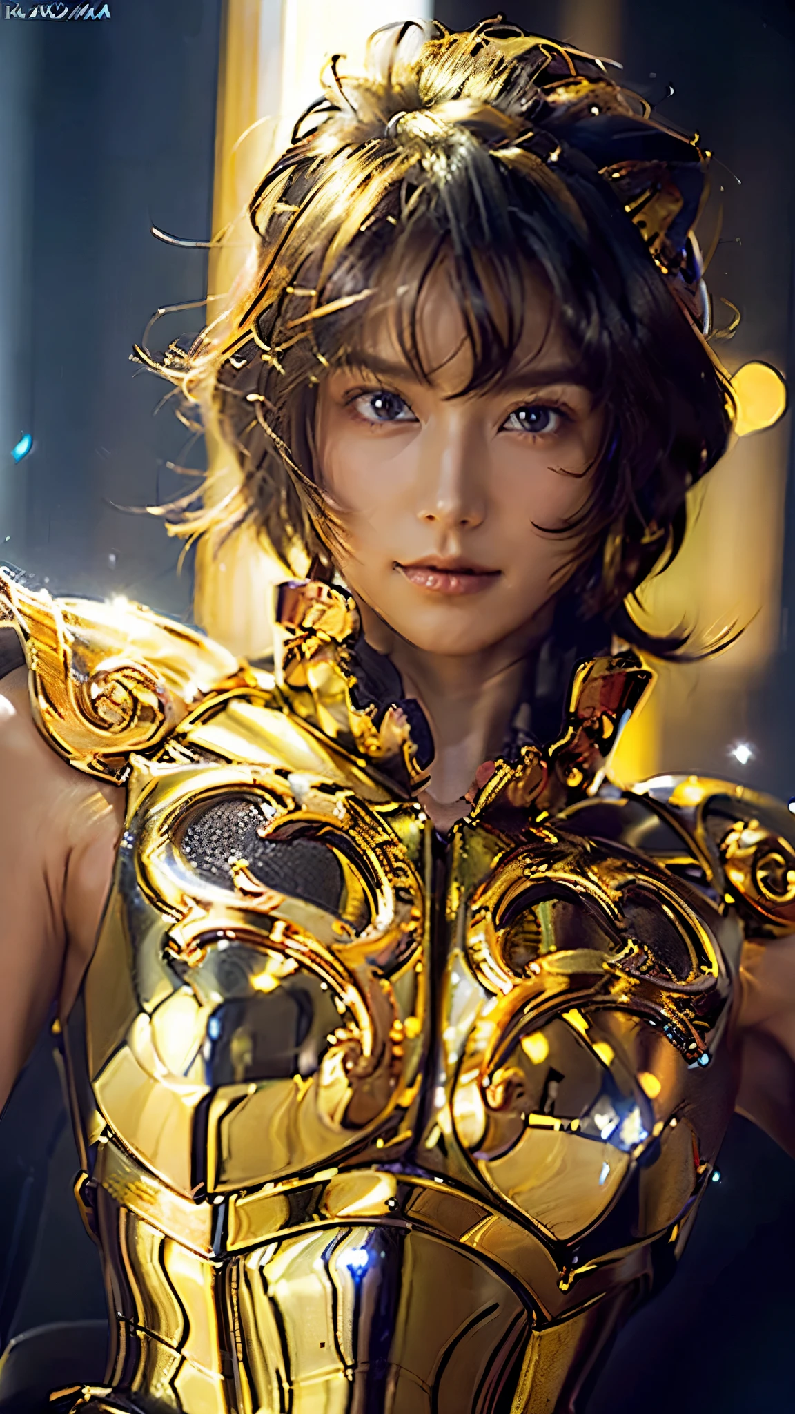 (((One young woman))) a hyper realistic ultra detailed photograph,Greek temple background,tattered Libra gold half shiny metal armor, Short brown hair, Brown eyes, detailed symmetric beautiful hazel eyes, ふull body, detailed gorgeous ふace, 30 megapixels, 4K, Canon EOS 5D Mark IV Digital SLR, 85mm lens, sharp focus, Exquisitely crafted, Long Exposure, f/8, ISO100, Shutter Speed 1/125, difuse back lighting, Award-winning photo, facing camera, Looking into the camera, Monovision, Perfect contrast, High Sharpness, ふacial symmetry, depth of field, Super detailed photos, Ray Tracing, Global Illumination, Tanvirtamim, , ultra high deふinition, 8k, Unreal Engine 5, ultra sharp focus, Award-winning photography, Popular on Artstation, Realistic 8k,(Push out your right fist,Countless lightning plasmas emitted from the right fist),(Wearing a golden lion helmet),(Large Breasts)