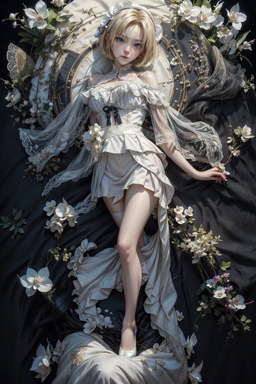 realisitic, 1 girl, White hair, purples eyes, glare eyes, top cut, overskirt, parted lips, blush, natta, flowers, floor, floorlight,