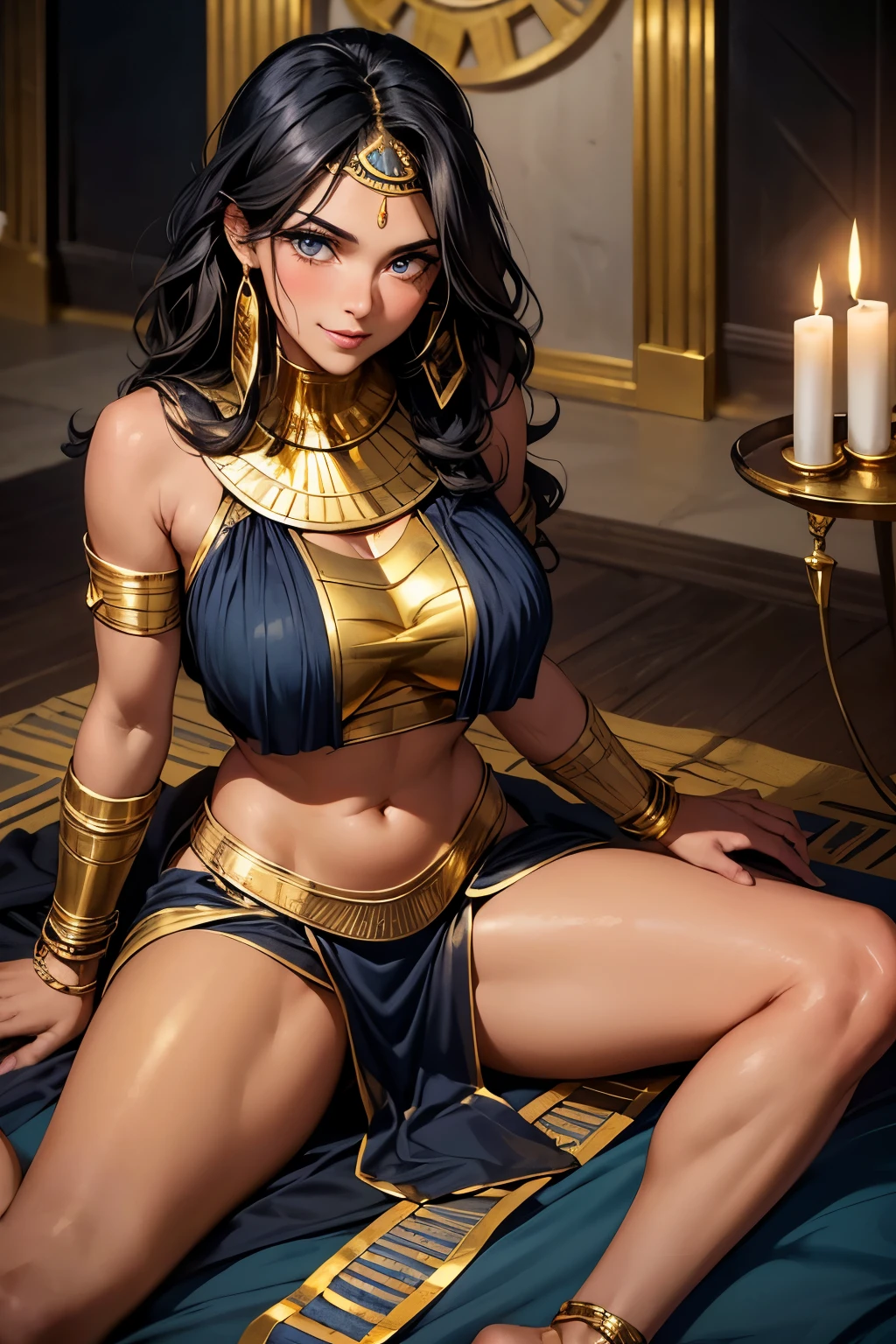 Graphic novel style, 1 stunningly beautiful 30 year old girl, Latin girl, smiling, blushing, black wavy hair, light complexion, dark blue eyes, ((Dark blue top, gold Egyptian slave clothes)), toned legs, thighs, ((bracelets)), Candles, pillows, blanket, floor, (((Sitting))), SFW, ancient Egypt, bare forehead,