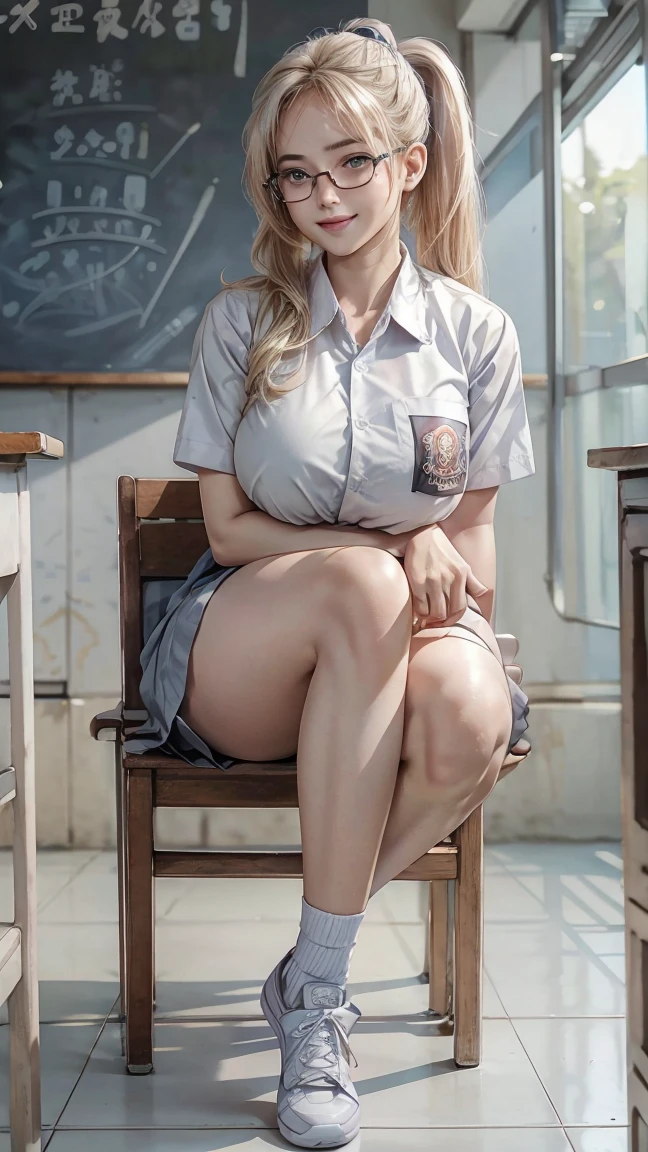 1 woman, 2, Blonde ponytail, plump body, Blue eyes, Indonesian high school uniform, wearing glasses, white shirt, Osis logo on shirt pocket, large natural breasts, light grey pleated skirt, squatting posture, full body photo, smiling, in the classroom. opening the legs wide, sitting on stool, opening the legs wide 