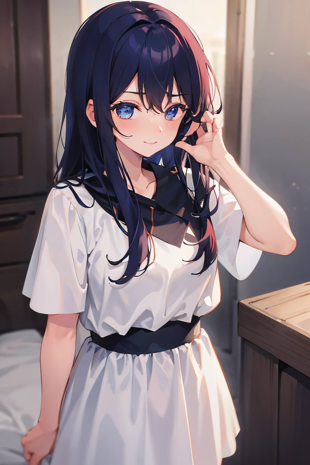 a girl closed eye smilinghand on the cheek long sleevd top and skirt , black hair