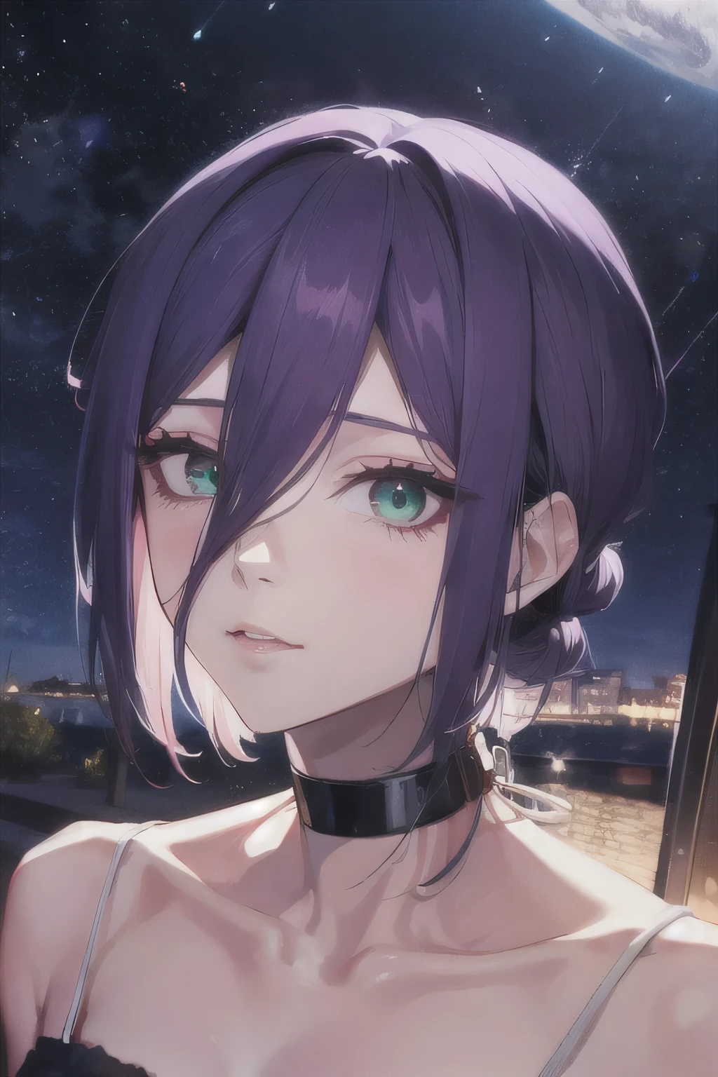 (Highest quality)、(Highest quality)、cut、Chainsaw Man、cute、(choker).eyes are emerald、Her hair is purple、Short Bob、Beautiful night view、star、whole body、