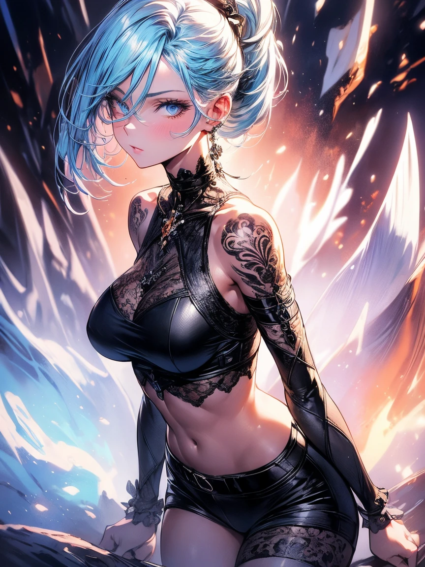 Intricate details: "((a sexy animated lady poses in revealing clothes while in fire-lit fantasy setting, firm breasts, 1girl 18 years old, animal ears, short hair, panties, black panties, underwear, cat ears, looking at viewer, thighhighs, cleavage, corset, blue hair, string panties, low angle view)"