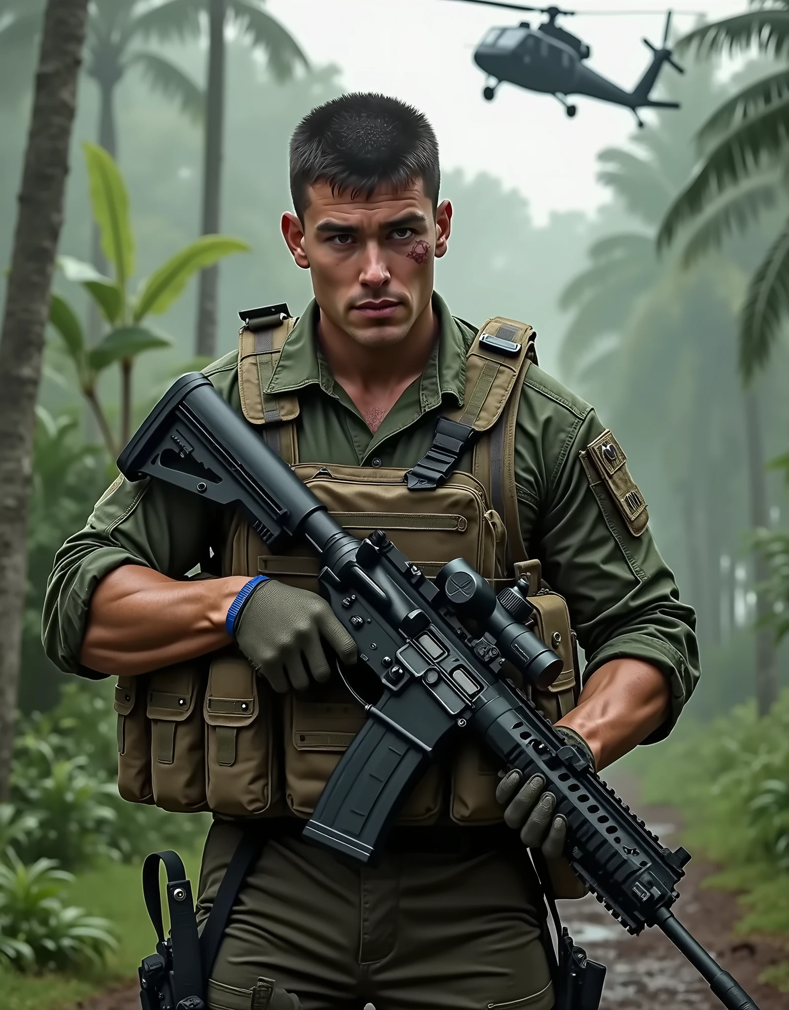 (masterpiece), (best quality), highres, 1man, male focus, solo, solo focus. black hair, short hair, hazel eyes, (healed scar on left cheek), sleeves rolled up. us soldier, jungle green uniform, gloves, gun, handgun, holding gun, holding weapon, holster, holstered weapon, load bearing vest, pistol, thigh holster, (gunmetal black rifle, assault rifle, scope). trigger discipline, weapon. jungle backdrop, daytime, (huey helicopter), gritty atmosphere.
