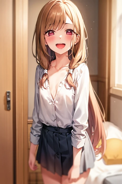 ((Best Quality)), ((masterpiece)), (be familiar with), Perfect Face, indoor, bedroom, Watching the audience,
One woman, Kitagawa Marin,
Open Mouth, Ecstatic expression, blush, smile,
Small breasts, Flat Chest, , , , Girl,
Long Hair, Long Hair,
Leg spread,