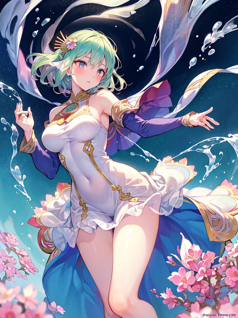 Girl with short green hair, Small breasts, Green Eyes, White Casual Wear Beauty Special、((((tits)))),Full body photo from head to toe、Belly dance、Dancer、National costume、See-through、Angle Shot、Decoration、Luxury accessories、Face Veil