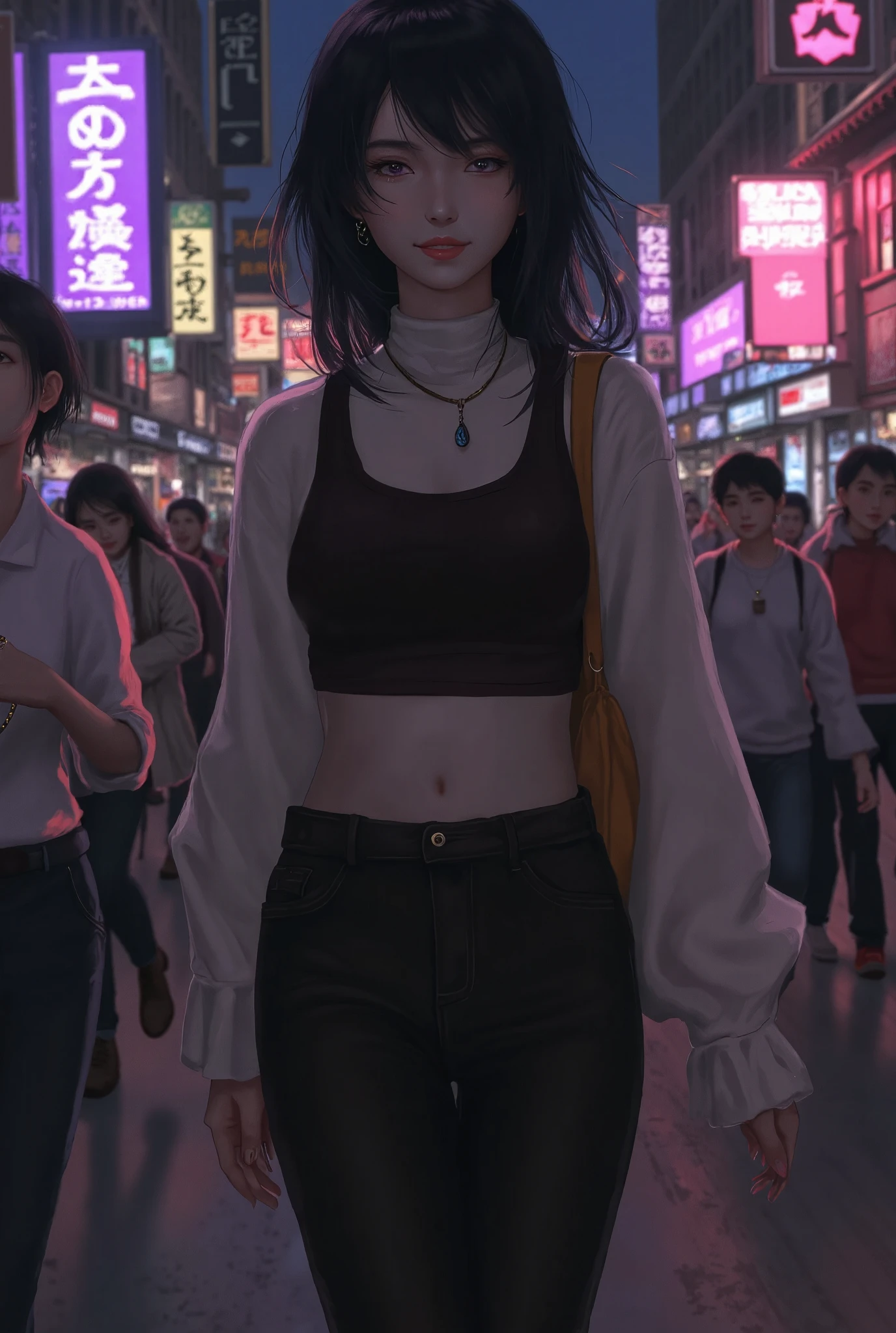 anime_DiP digital painting of a woman with black hair, standing in a cyberpunk market, neon signs reflecting on her crop top as she walks through the crowded streets, her eyes focused ahead.