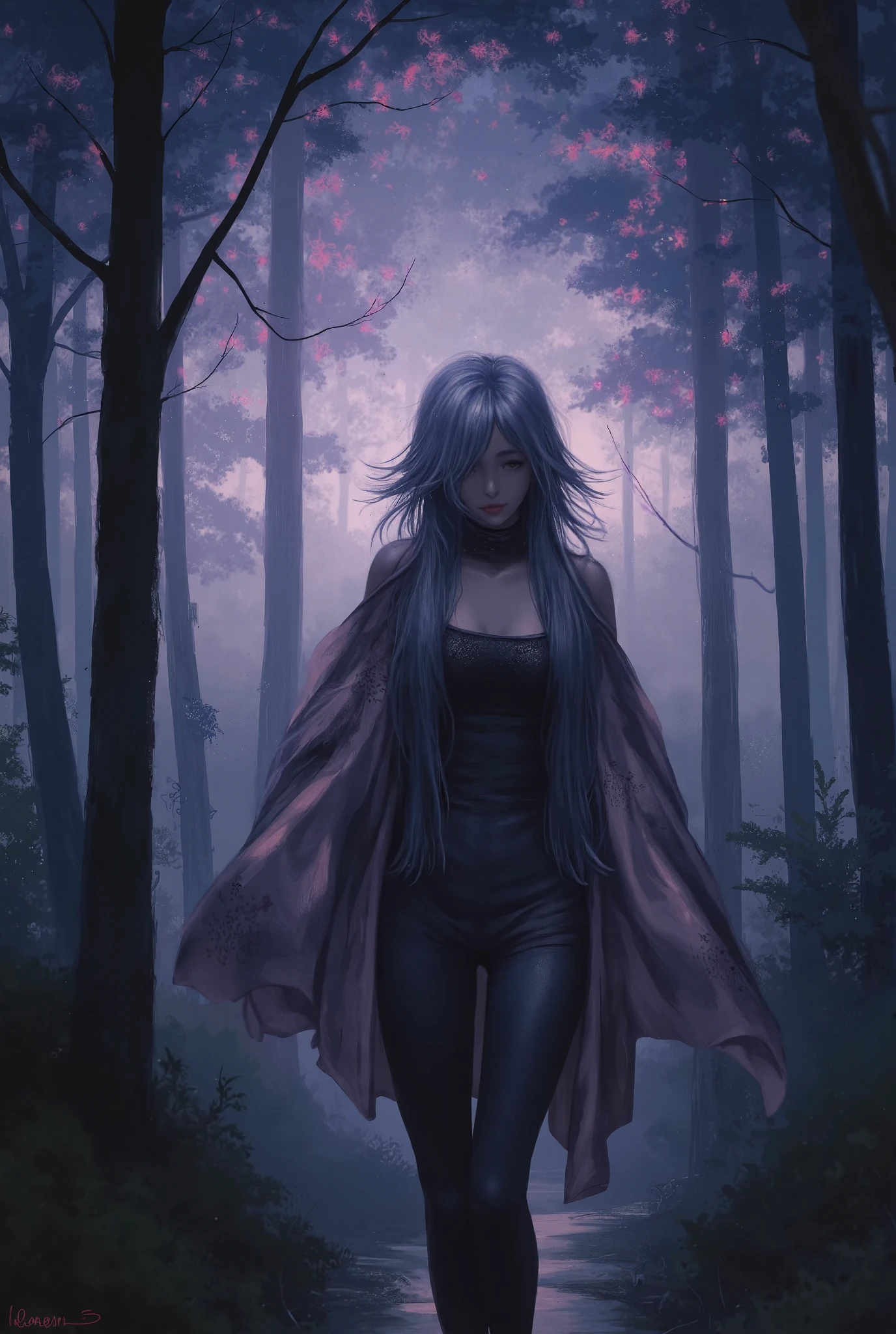 anime_DiP digital painting of a woman with long silver hair, walking through a futuristic forest, her outfit blending with the glowing trees, soft light illuminating her peaceful expression.