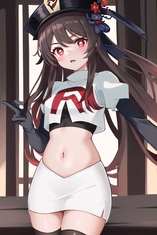 high tail hairstyle, Ponytail hairstyle, Long wavy black hair, standing posing, anime girl style, pixel art anime style,penetrating look with deep eyes,red and purple eyes, hair with a ponytail hairstyle trapped with a big red bun, Women, red hair clips, x color shaped hair clips , smiling face blush, 