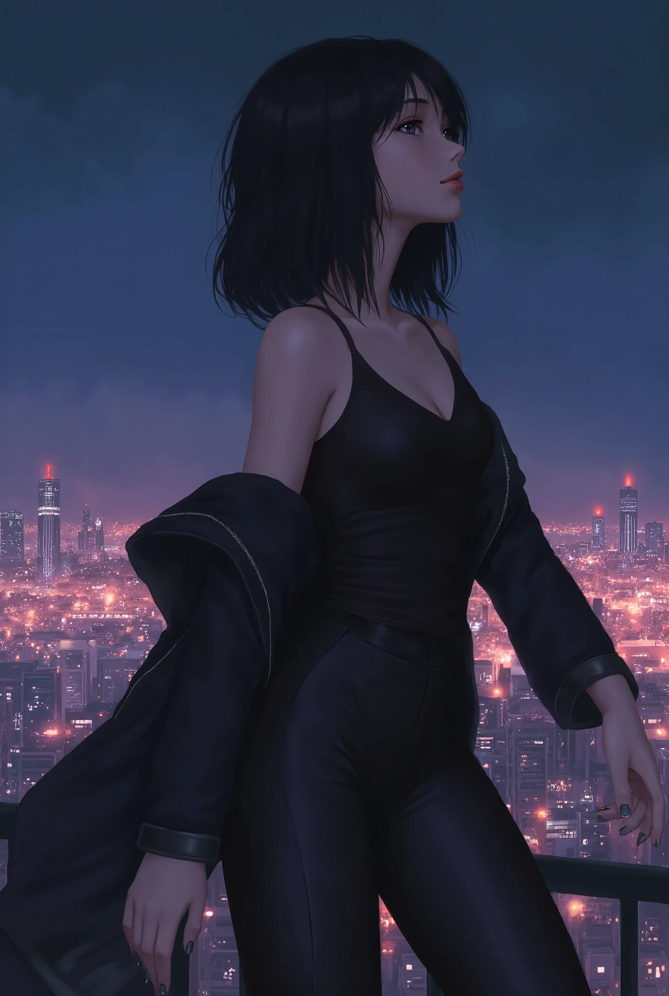 anime_DiP of a dark-haired woman standing in a futuristic city, her sleeveless jacket blowing in the wind as she gazes out at the glowing skyline, her determined gaze reflecting the vibrant lights.