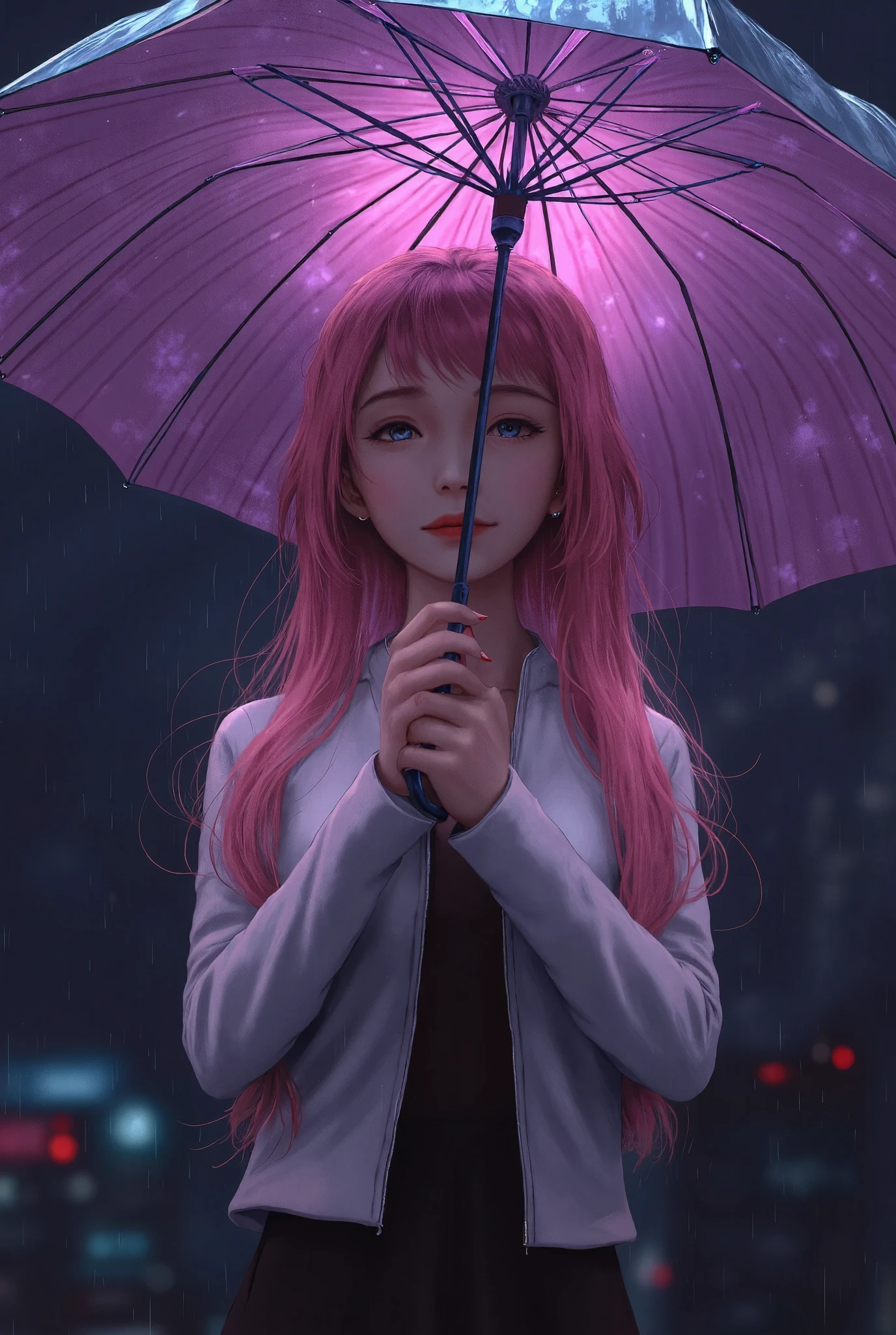 anime_DiP of a girl with long pink hair, wearing a cropped white jacket, standing in the rain as her umbrella glows in neon light, her expression thoughtful as city lights reflect in her eyes.