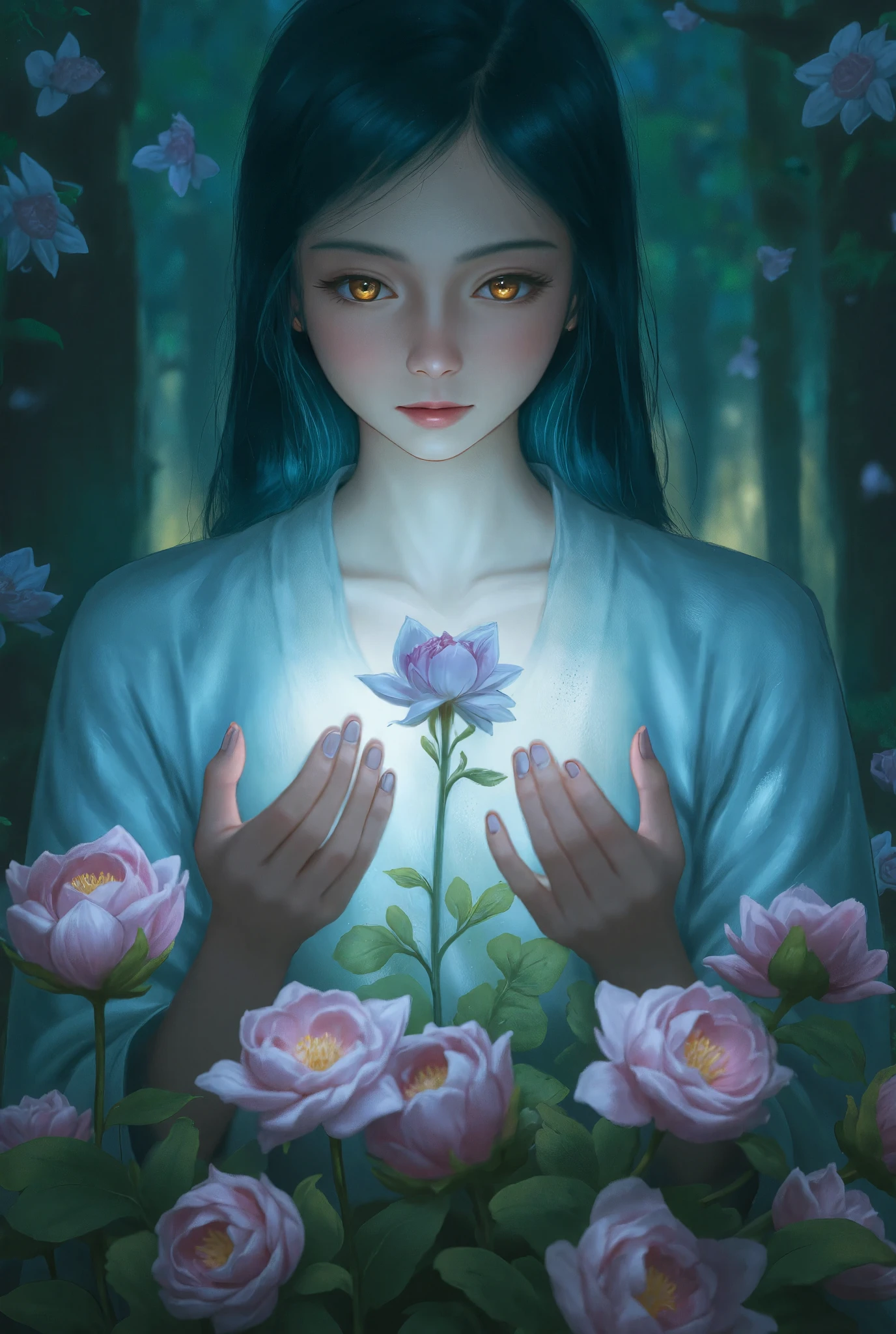 anime_DiP, 1girl, teal hair, light blue top, golden eyes, holding glowing flowers, forest setting, mystical atmosphere, soft expression, enchanted romance.