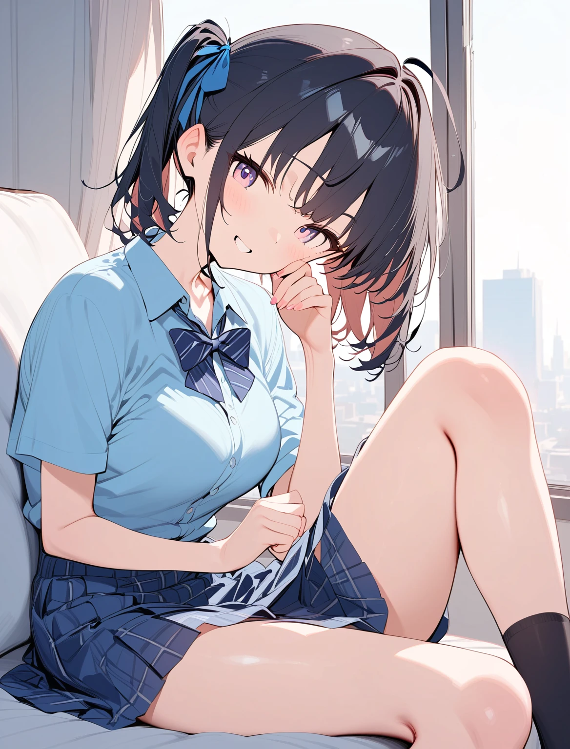 (8K:1.5),anime, cute,high school girl,High School Uniforms,bend forward,Upper body only, F-cup bust, ribbon, plaid skirt,On train, sitting,Beautiful legs, beautiful thighs, smiling, natural makeup, 