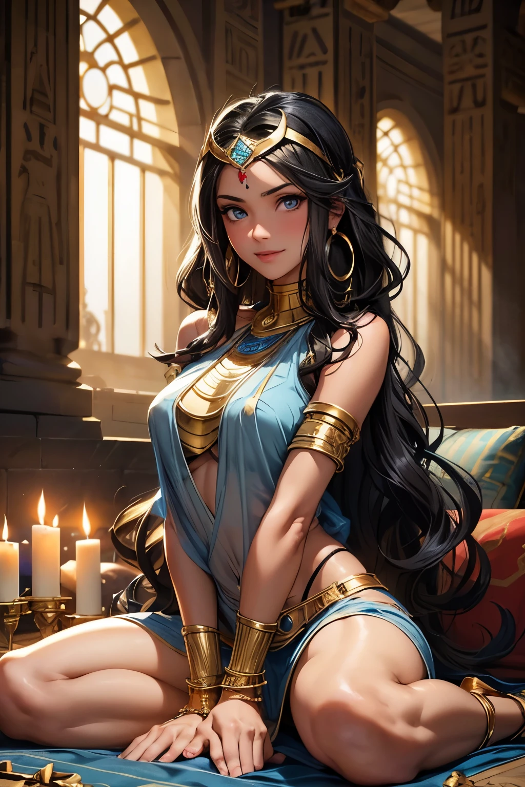 Cleo is a tall, slim, beautiful tan-skinned age mummy with pale blue eyes, dark maroon brows, thick lashes and long, mid-thigh-length black hair with two-tone golden-brown accents and thin sparkling-golden streaks, several of them on her fringed-bangs. At times, she would add additional colors such as blue, teal or purple, along with having different hairstyles. As per her type of monster, her appearance are followed by multiple mummy wraps. Cleo also wears makeup consisting of thick mascara, two-tone purple eyeshadow, winged eyeliner to resemble that of an ancient Egyptian, ruby-red lipstick, and purple nail polish which is painted on both her finger and toenails. She also has a sky-blue (red in Scaris) gem below her right eye.
Cleo's attire leans more to her Egyptian theme which is mainly followed by gems, sparkles and her signature mummy wraps; she wears a golden, tiara-like headband with sky-blue gems adorning it, along with a set of large extravagant, golden dangle earrings. She wears a sparkling halter-necked, blue cocktail minidress with a lace skirt and black trimming and detailing, worn over her strapless mummy-wrapped capri jumpsuit. She wears different sets of golden bracelets on her left arm; a highly-decorated arm bracelet on her bicep, and three bangle bracelets in her wrist. Around her waist is a golden-studded belt which matches her leg strap wrapped around her right thigh with three black gems adorning the front, which she uses to carry her ICoffin. Cleo also dawned mummy-wrapped, open-toed and open-heeled wedge boots with black soles, followed by golden detailing and golden studs. Cleo accessorizes with a thick choker and an elbow-length, fingerless glove on her right arm - both of them made out of her mummy wraps.