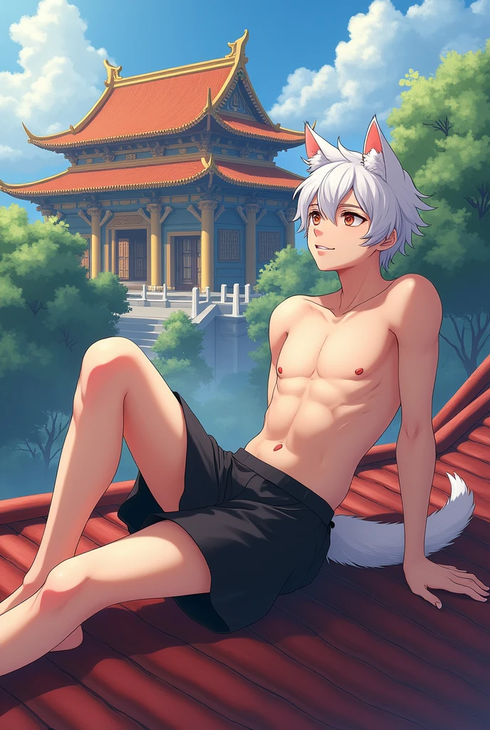 masterpiece, best quality, high quality,  1boy,10yo, , duo, male focus, full body, looking at viewer, white hair,spiky hairstyle, short hair, steam smork, japan style,  anime coloring, shy, home muji style, detailed face, topless, white towel on waist,white silk, outdoor, sweat, open legs