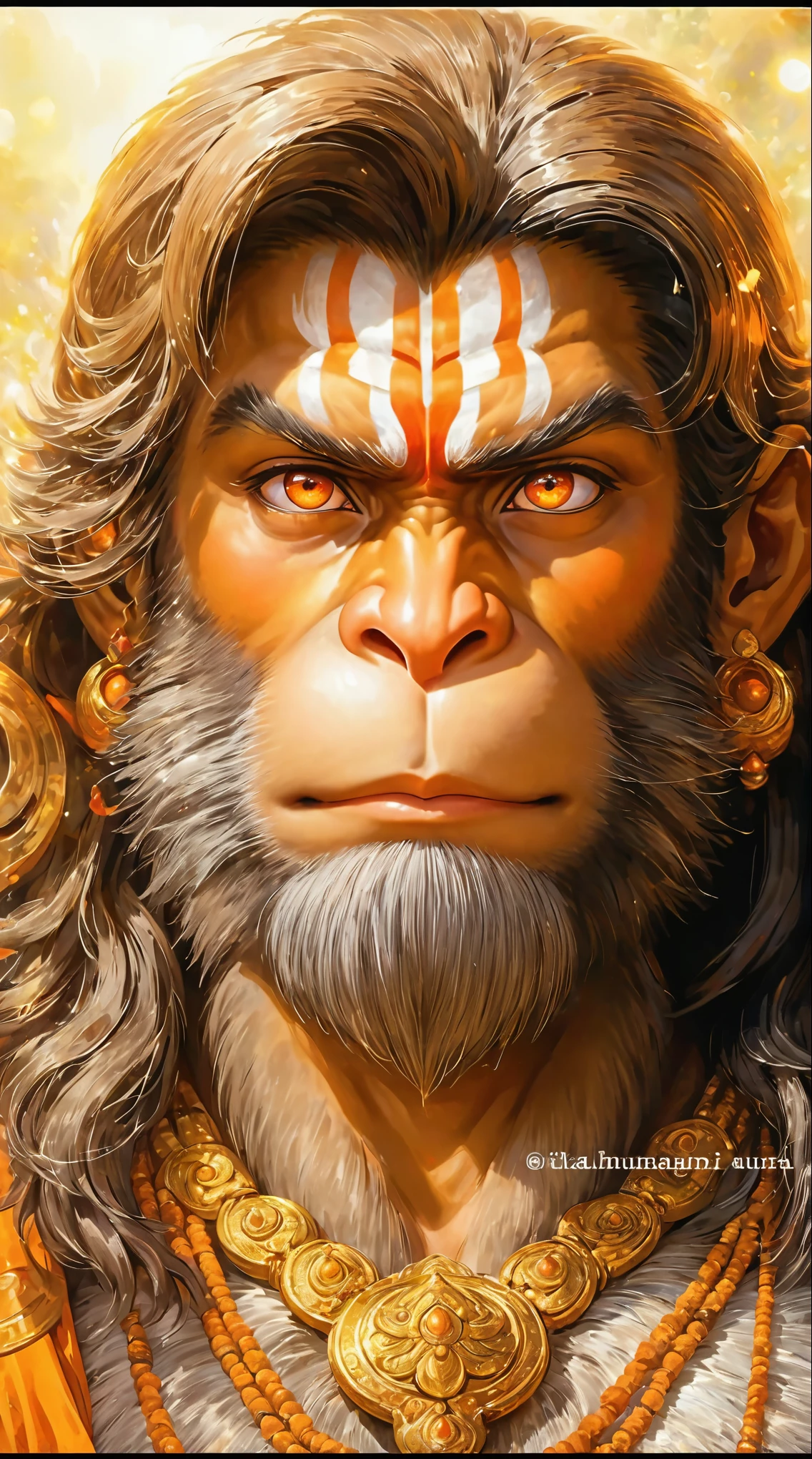 Create a cinematic and divine image of Lord Hanuman with large, sparkling eyes that reflect wisdom and energy. His forehead is broad and human-like, symbolizing intelligence and strength, with a tilak adorning the center of his forehead. His nose and mouth resemble those of a monkey, while the rest of his face maintains clear and defined human-like features. Hanumanji has a gentle, divine smile on his face, expressing both calmness and power. The image should depict Hanumanji surrounded by a glowing, divine aura, enhancing his sacred presence in the scene.