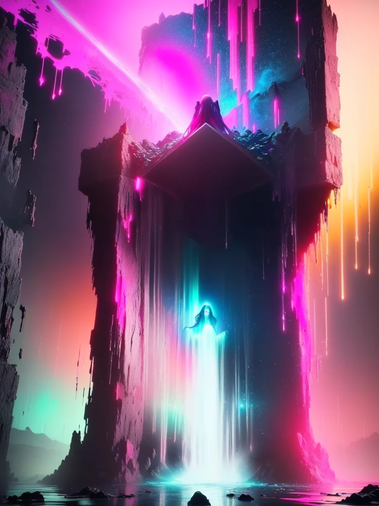 there is a woman standing in front of a waterfall with a pink light, still from a music video, video still, conjuring psychedelic background, music video, youtube video screenshot, a still of an ethereal, resembling a mix of grimes, official music video, video glitch, looks a blend of grimes, real hellscape in background