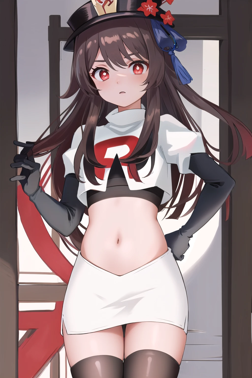 masterpiece, best quality,
1girl, hu tao (genshin impact), boo tao,hat, red eyes, twintails, brown hair, solo, symbol-shaped pupils, long hair,bangs, team rocket,team rocket uniform,white skirt,red letter R,crop top,black thigh-highs,black elbow gloves