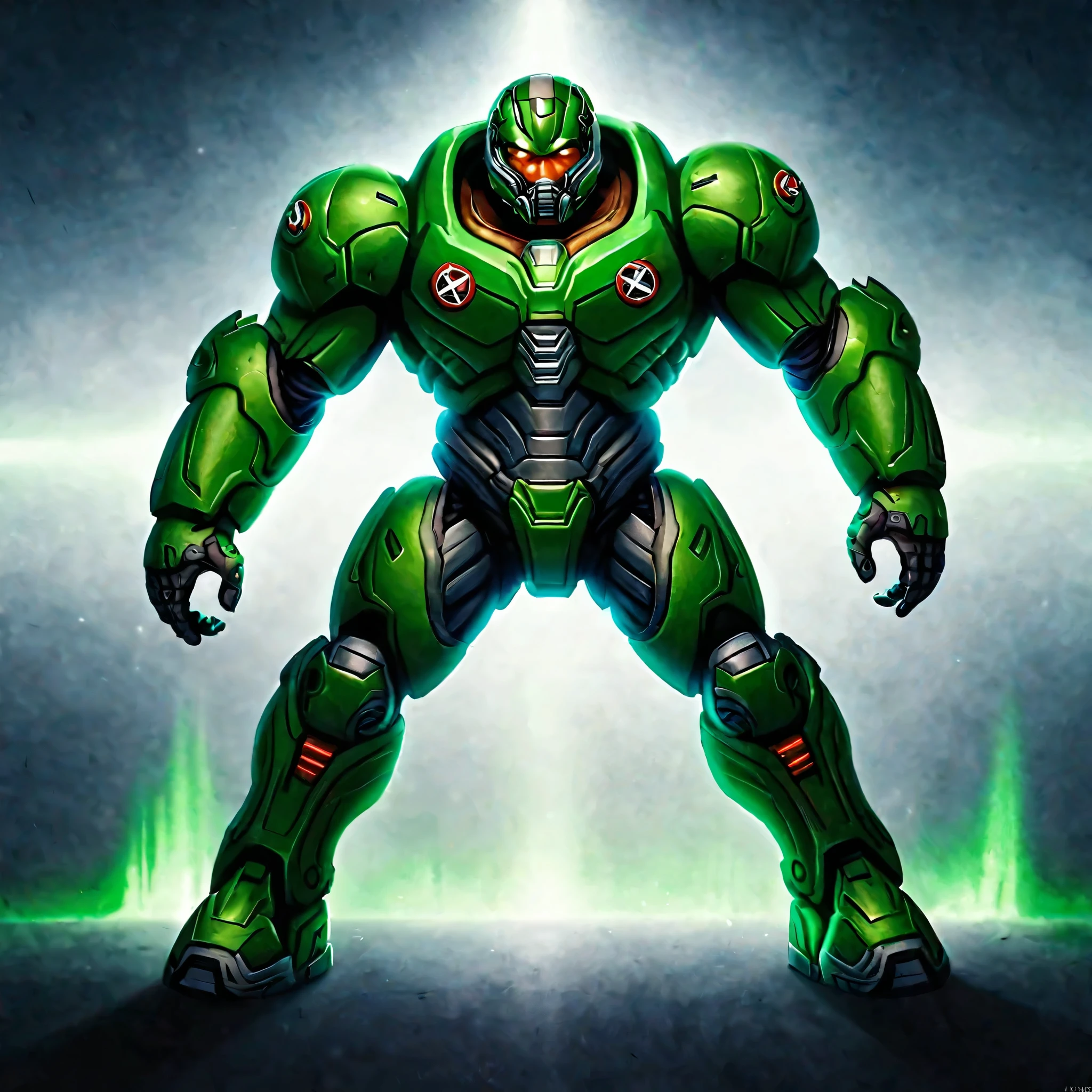 A highly detailed portrait of Dr. Doom, the Marvel supervillain, wearing a green armor suit, standing next to Iron Man, intricate mechanical details, cinematic lighting, digital art, photorealistic, 8k, award-winning illustration, dramatic shadows and highlights, glowing energy effects, complex machinery, moody atmosphere