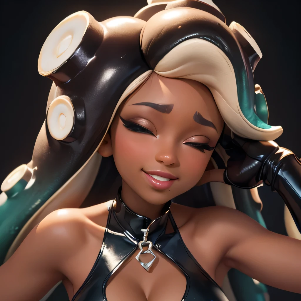  ((masterpiece,best quality,ultra-delicate,Perfect Face,16k,high resolution,very beautiful girl)), One Girl, Bend back,Armpit hair grows、Underarm High,,large breasts,dark skin,dark-skinned female,
tentacle hair,crop top,leather short pants,smile,gloves,cleavage,