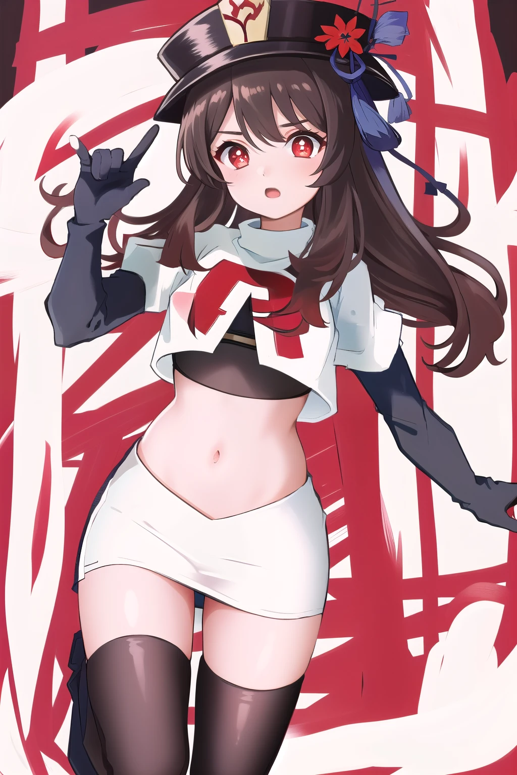 Woman dressed as a clown with a fat butt and a comedy mask with a big psycho smile and blood on her face with a knife in her hand dressed in a short red t-shirt, a black skirt with red lining, white gloves, White socks, black shoes and a black and red fool's cap with a yellow bell