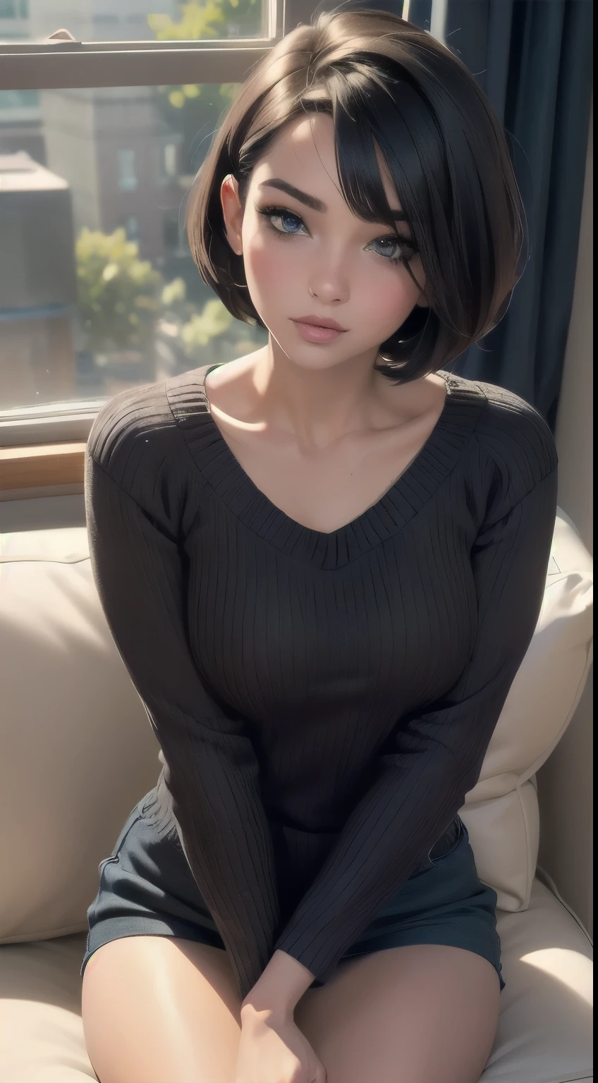 Sexy woman, perfect short hair, Bob style, amazing makeup, seductive gaze, blushing intensely, ready to kiss, long oversized sweater, sitting comfortably on couch, window, natural light beaming through window, beautiful face, seductively gazing at us, very seductively provocative