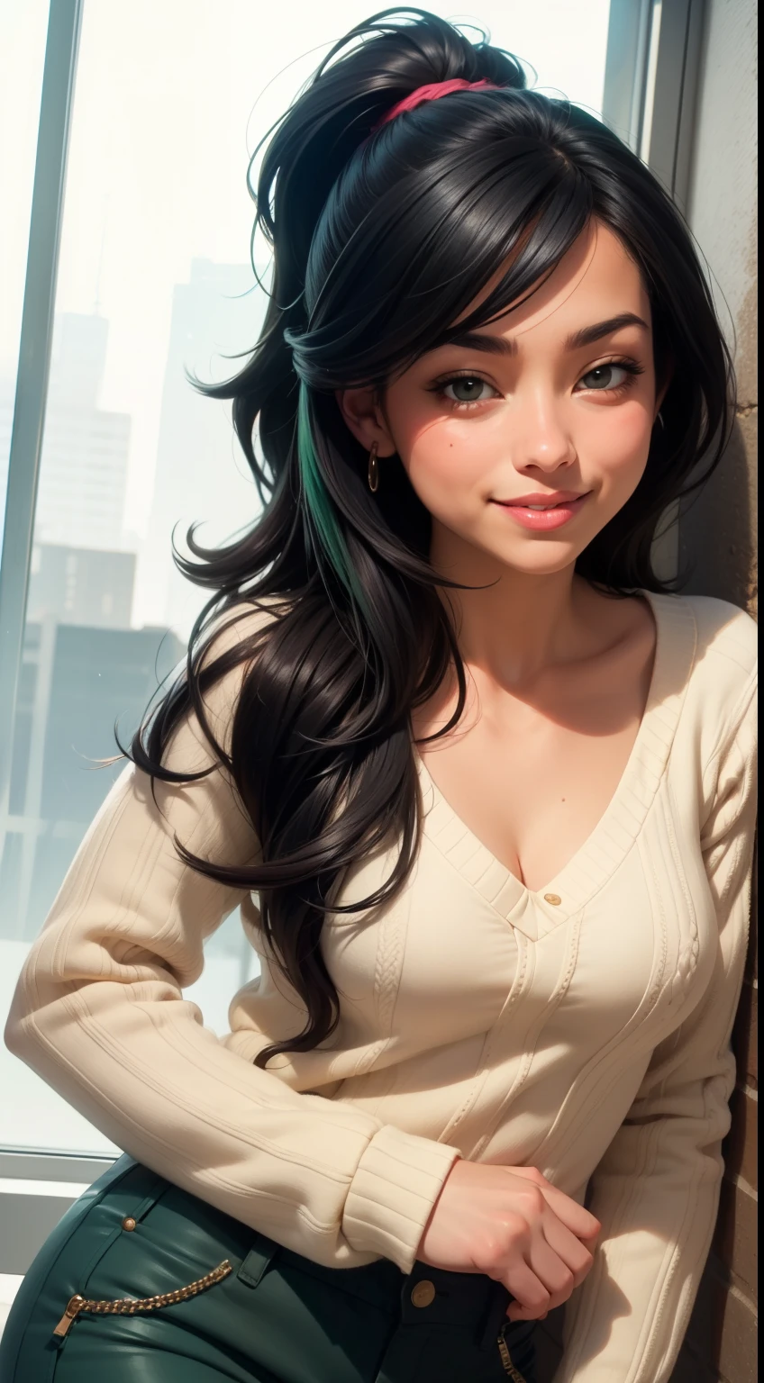 Amazing portrait of a sexy woman wearing her luscious black hair in a cute ponytail, seductively gazing and smiling, soft lips, parted, blushing intensely, smiling, dark green sweater, cream cargo pants, medium chest, perfect body