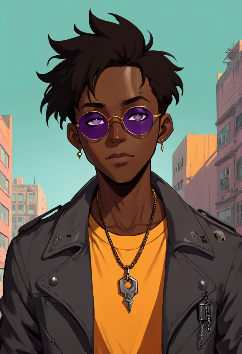 (masterpiece), (best quality), (Highres), Detailed, (Inricate Details 1.2), (Hyper Detailed 1.4), (Ornate Digital Art 1.2), (detailed background:1.2, post-apocalyptic city, sunny sky with teal hue), Image of a dark skinned pretty boy with purple sunglasses wearing a orange-yellow shirt and jet black jacket , black eyes, dog tag necklace, scar on left eyebrow, character portrait of me, halfbody portrait, character concept portrait of me, halfbody headshot, a character portrait, in style of tyler mitchell, stylized portrait, detailed character portrait, high quality fanart, epic portrait illustration, vector style, official artwork, official artwork, cartoon art style, high quality portrait, detailed anime character art, high quality anime artstyle, close up character, loish art style, loish |, character close up, closeup character portrait, character concept portrait of male, detailed character portrait, a 