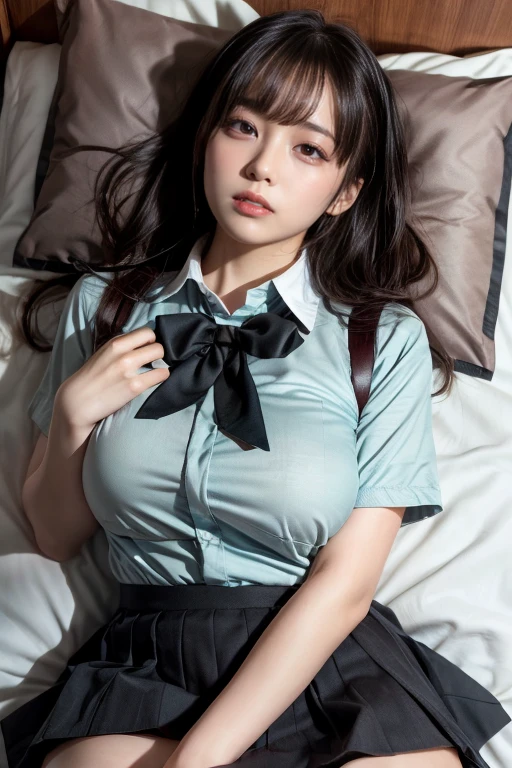 Japan girls, girls in their twenties, wavy slightly long hair, black hair, brown eyes, perfect figure, transparency, gloss, luster, modest breasts, thin waist, school uniform, navy blue tie, navy blue skirt, light blue shirt, pink underwear, gravure idol, sleeping in bed, open legs, open legs, open legs, thin waist,