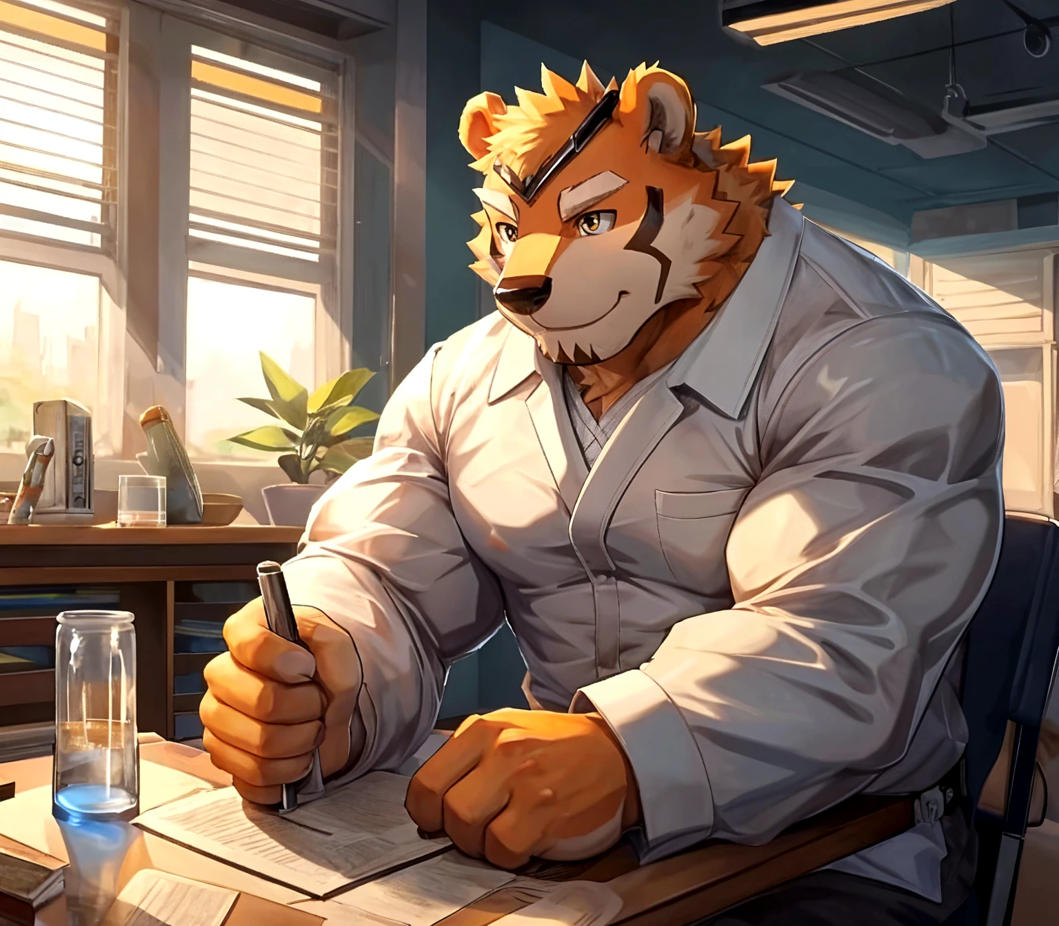 4k, high resolution, best quality, perfect colors, perfect shadows, perfect lighting, ((full bodyportrait)), posted on e621, furry body, solo, anthro orange werewolf, (monotone orange fur:1.3), male, black beard, white chest fur, adult, (heavily muscular, manly, brutal, masculine:1.4), green eyes, realistic eyes, looking at a computer, masculine, (muscular, dense build:1.4, muscular shoulders, strong pecs), dragon horns, dragon tail, tattoo in arm (a large chinese dragon, black ink, exteded from the arm to the pec, dragon head is his pectoral) tattoo, tattoo in arm, tattoo in pectoral , living room background, correct anatomy, sitting in the dining room (photorealistic detailed fur, epic, masterpiece:1.2), (by Taran Fiddler, by Chunie, by Rukis, Bonifasko lighting), best posture, looking at the computer, (writing on a computer:1.2) claws on hands, (red shorts:1.3), (detailed clothes:1.3), smooth fabric textures,  (photorealistic fur, detailed fur, epic, masterpiece:1.2), sexy shadows, (by echin, by Taran Fiddler, by takemoto arashi, by Traver009, by Juiceps), (detailed eyes:1.2), impressive physique, struggling, focus face, supriced face, detailed eyes