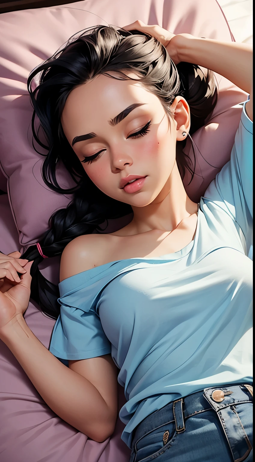 Sexy woman, black hair, single braid, long forehead, eyes closed, lips parted, deepest blush, flustered, lustful, off shoulder t shirt and blue short shorts, lying on bed, very seductive, aroused, head on pillow, facing up 