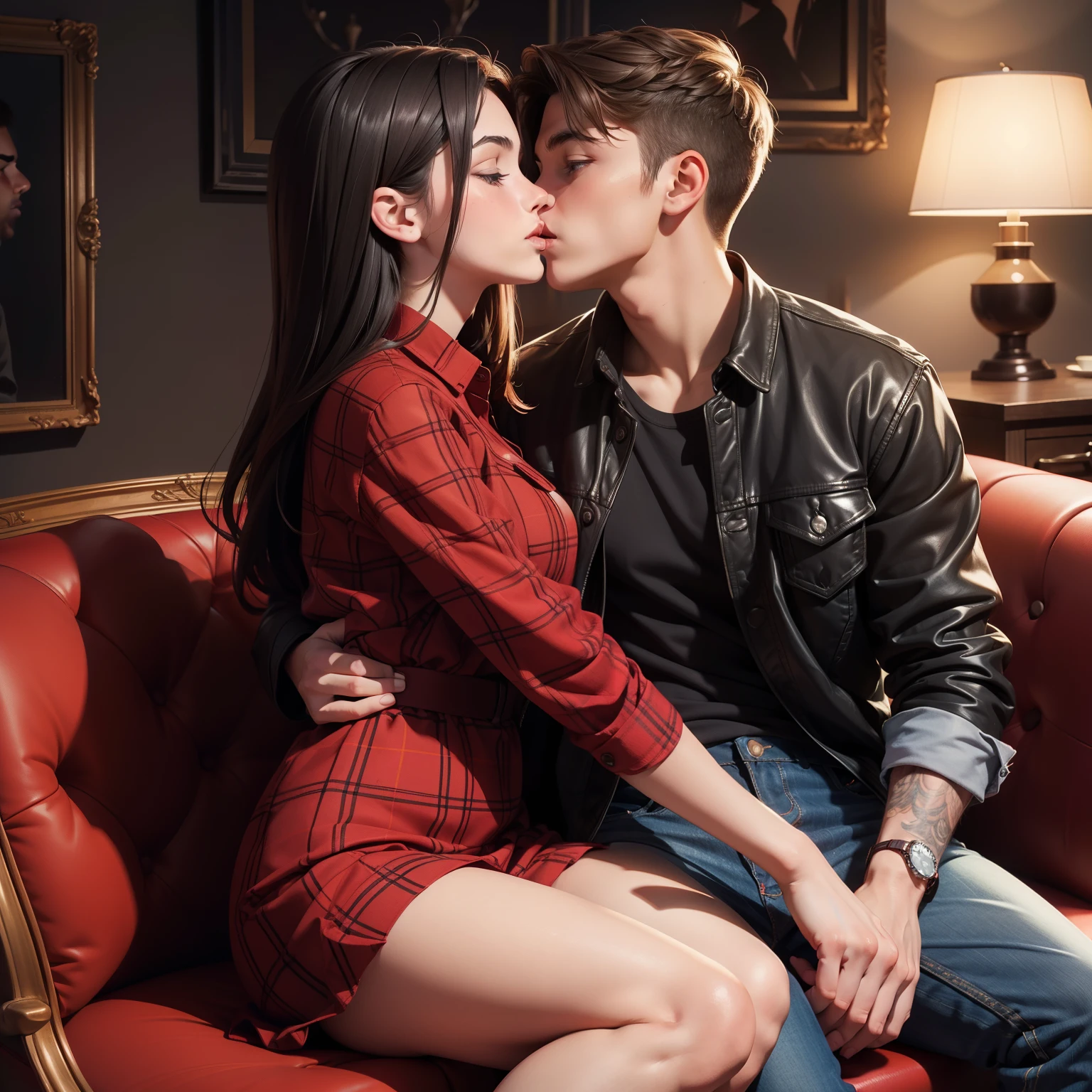 Young sexy girl wearing a red dress sitting on lap of young boy wearing a red and black flannel shirt and jeans who is sitting on a chair, kissing, making out, passionately, dim lighting, sexy, hot, lustful