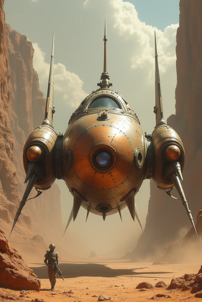 Post-apocalyptic war、詳細なSpace Fighter, Space Fighterの詳細, movie「Dune」Space Fighter, Flying sci-fi vehicles, レトロなSF Space Fighter, Very detailed, 古代のSpace Fighter, フォールアウトSpace Fighterコンセプトアート, 4 detailed anti-gravity engines、Huge turret、Ancient Civilizations Camouflage、曲線に包まれたSpace Fighter、Handcrafted by a goldsmith、Hammered metal surface、Rounded design、World War I、Distinctive ancient technology２Two long turrets、Desert rock formations