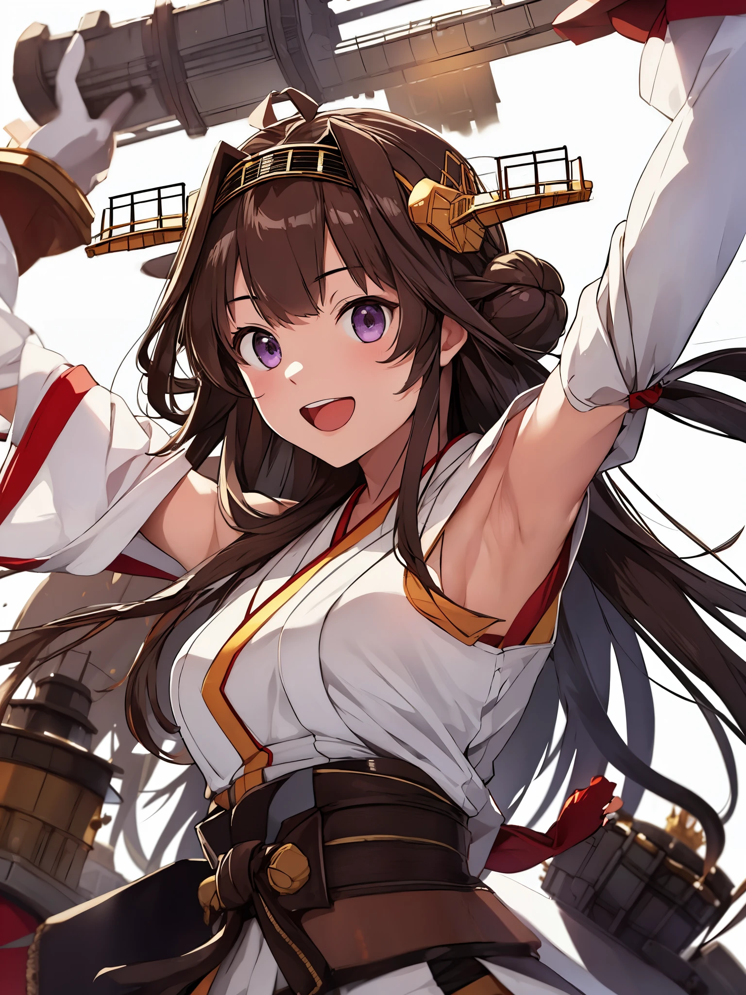 Armpit Show,King Kong,Kantai Collection,King Kong,Double Bang,Ahoge,1 girl, Alone, Long Hair, King Kongu (Kantai Collection), Brown Hair, Double Bang, Purple eyes, Hair Bun, Ahoge, Open your mouth, Non-traditional Shrine Maiden, Removed sleeve, Brown eyes, White background, headgear, Hairbands, smile, Ribbon trimの袖, Simple Background, kimono, Ribbon trim, Looking at the audience,  username, Upper Body, Wide sleeves, :d, King Kong