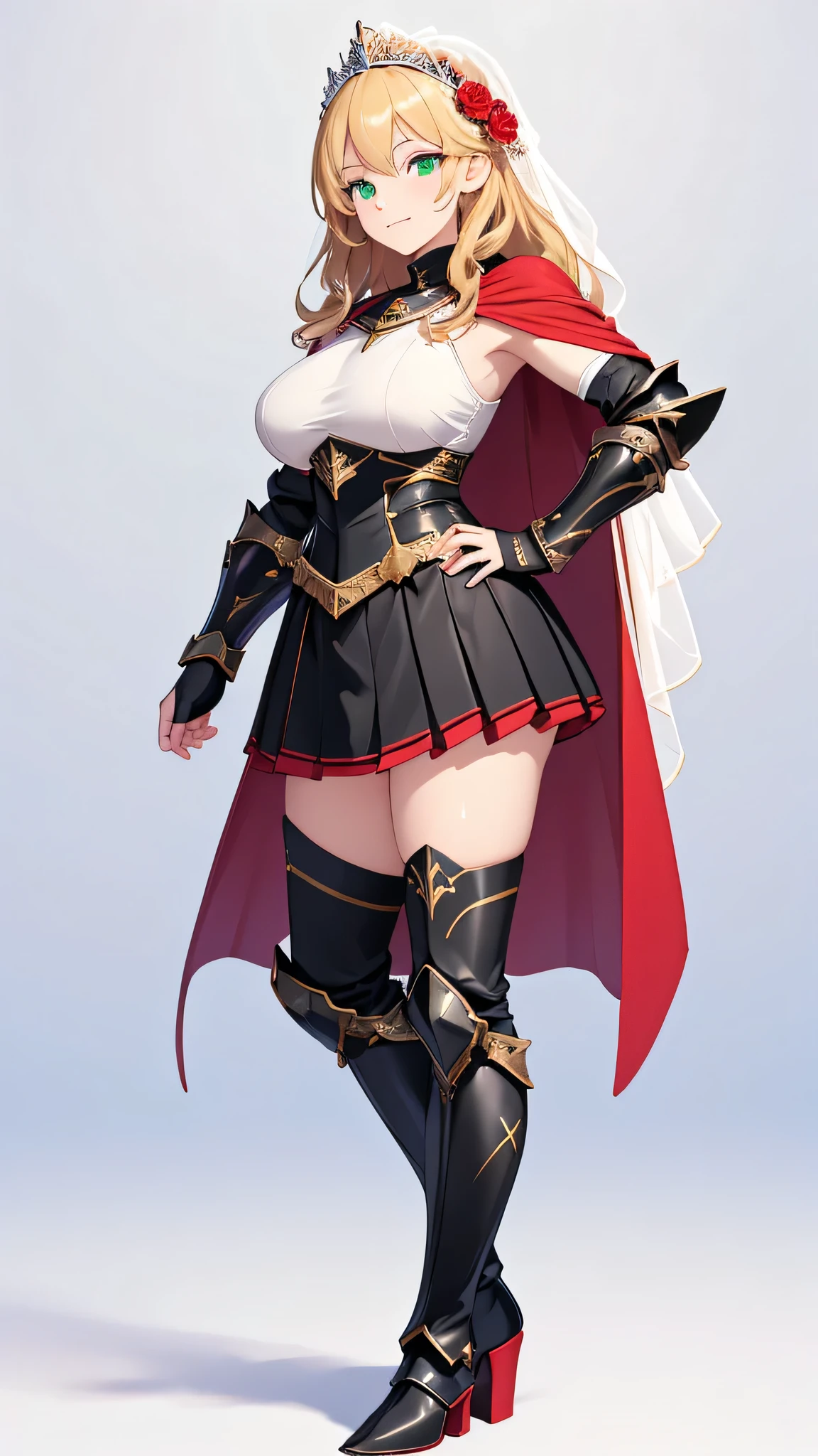 white background, no background,masterpiece,A full-body image drawn down to the toes, tall adult woman standing upright, (diagonal side view), (On her head she wears a pure white translucent wedding veil decorated with red flowers.), (Looking at the camera), (huge breasts), Wavy blonde hair, Hair length down to chest, A princess knight wearing a black breastplate with black armor, Pale skin, smile, closed mouth, Green Eyes, Detailed eyes, Armored black thigh-high boots, Black Gauntlets, Armored black ruffle skirt, (1 red cape), Holding nothing in hands, Place one hand on hip,Long legs