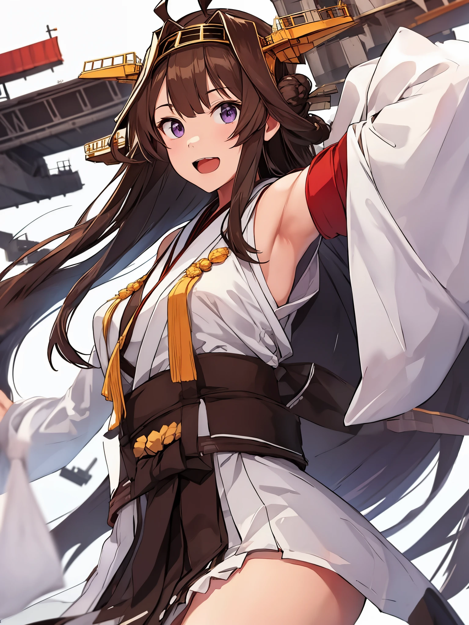 Armpit Show,King Kong,Kantai Collection,King Kong,Double Bang,Ahoge,1 girl, Alone, Long Hair, King Kongu (Kantai Collection), Brown Hair, Double Bang, Purple eyes, Hair Bun, Ahoge, Open your mouth, Non-traditional Shrine Maiden, Removed sleeve, Brown eyes, White background, headgear, Hairbands, smile, Ribbon trimの袖, Simple Background, kimono, Ribbon trim, Looking at the audience,  username, Upper Body, Wide sleeves, :d, King Kong