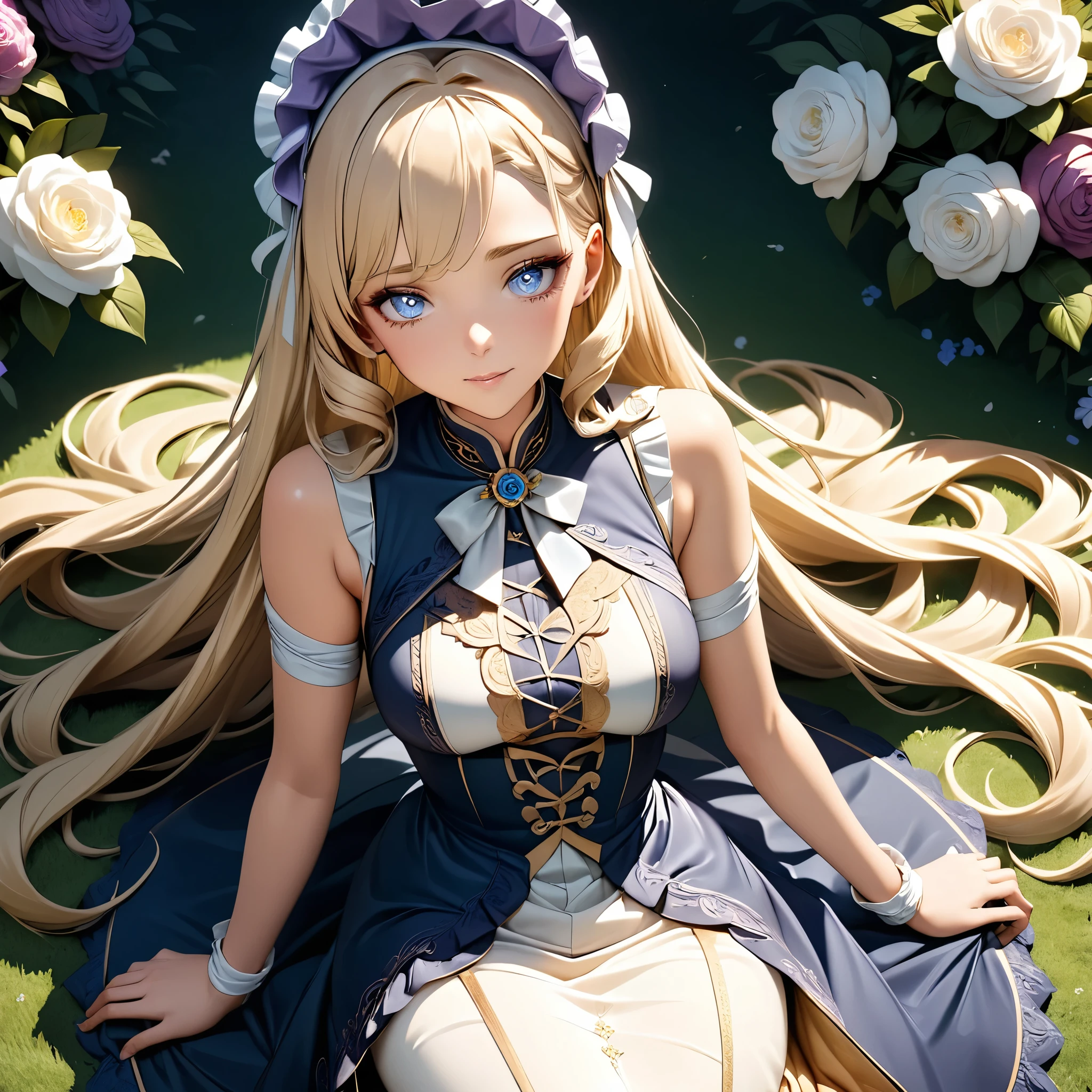 1girl, expressive eyes, perfect face, (bright purple hair, long hair), perfect anatomy, full body, looking at viewer, bright blue eyes, beautiful face, perfect face, perfect hands, perfect legs, super detailed clothing, intricate clothing, Masterpiece, best quality, ultra-detailed, (elegant  Seraphina Blanche:1.5) in a (fancy tea party:1.3). She s (hosting a grand tea party:1.2) in a lavish, flower-filled garden, wearing a (sleeveless, lace-trimmed Victorian dress:1.3) in soft, pastel hues. Her (long, silky blonde hair:1.3) is styled in intricate ringlets, with a delicate bonnet resting on top, making her look like the picture of sophistication. Surrounding her are (antique tea sets:1.2) and (ornate floral arrangements:1.3), with tiny birds flitting around the elegant scene. Her (sleeveless outfit:1.2) shows her (dainty, graceful arms:1.2) as she pours tea with perfect poise. The (lush, floral garden backdrop:1.3) enhances the regal and charming atmosphere, where elegance and nature blend beautifully,(((from above))),
