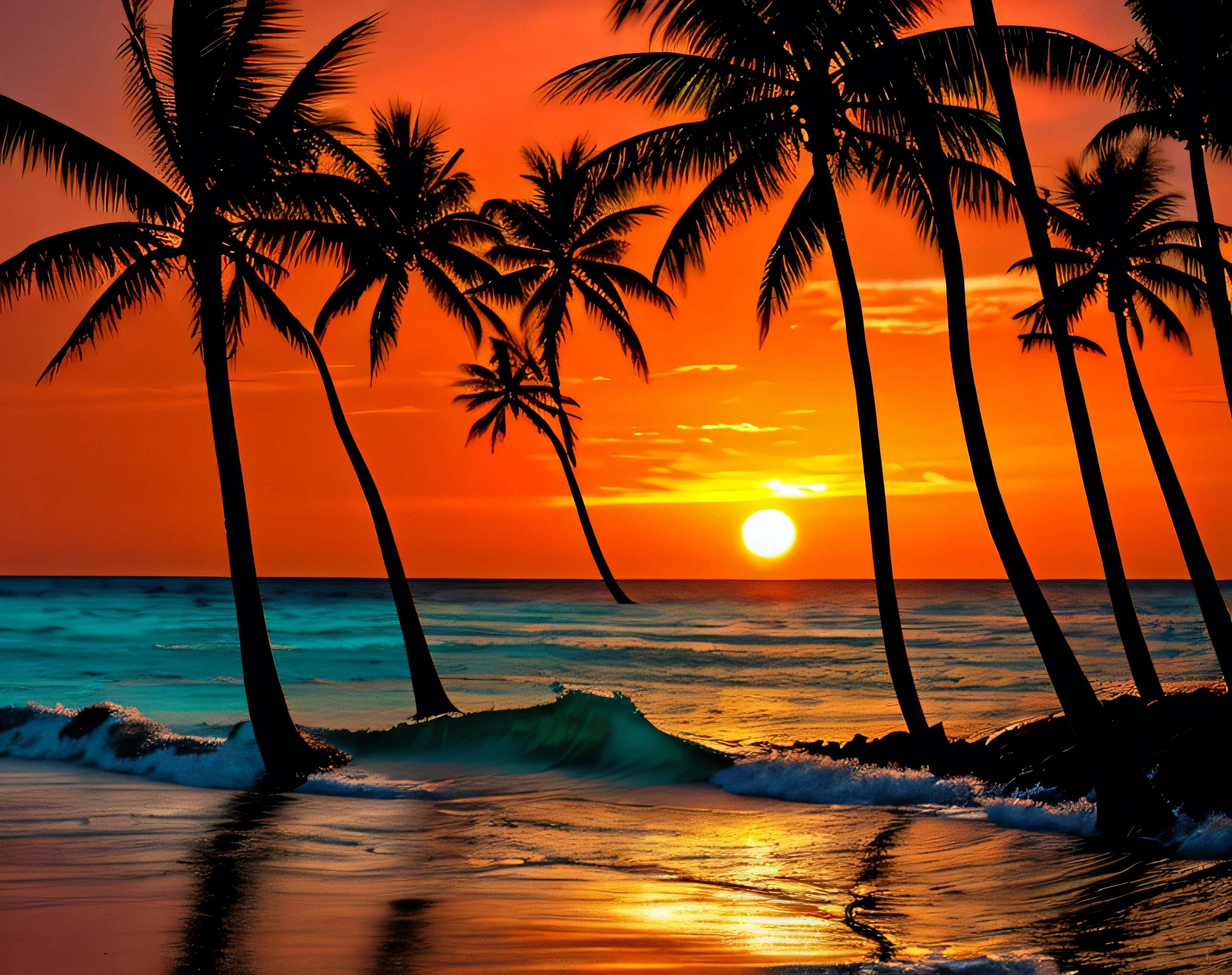 Lush tropical island scenery, Gentle waves on the beach, Palm trees, Dense rainforest deep in the hills. Dramatic red and orange sunset.
High contrast and high saturation, Very detailed, High image quality, Mysterious masterpiece, Particle Effects, (Dust, Gust of wind:1.07), ボリュームLight, Light, Goldsmith, Vibrant colors, Bokeh, Deeply written boundaries.
