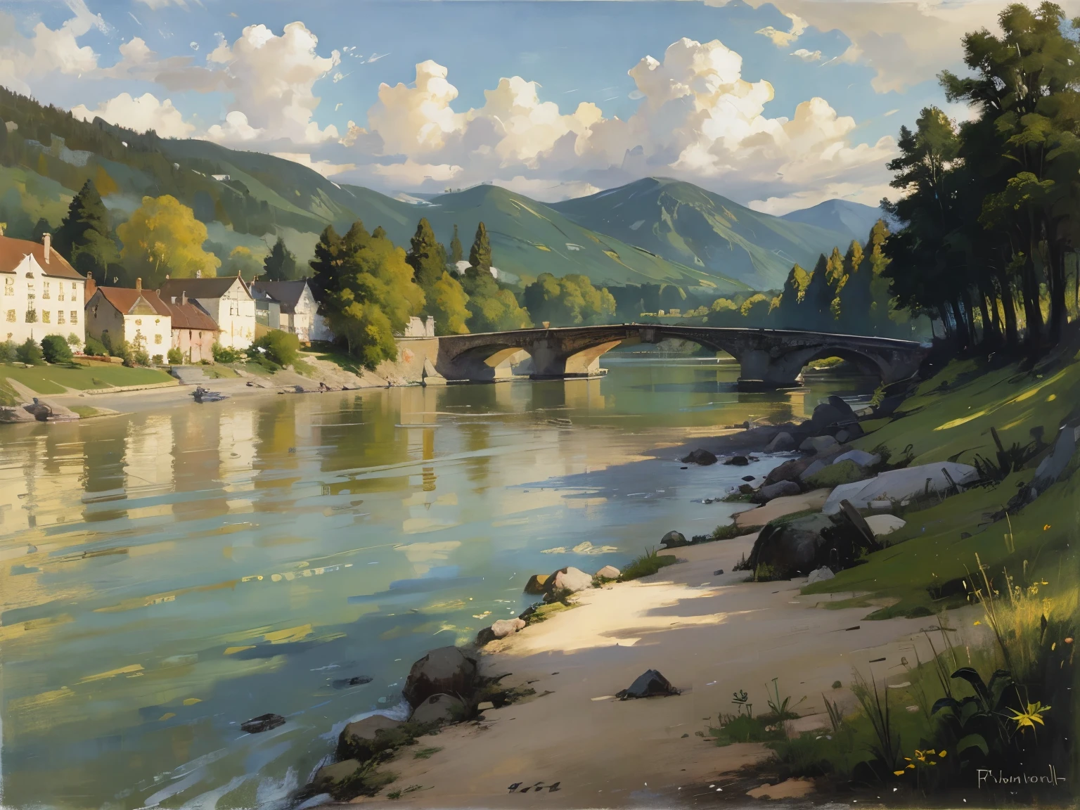 River and bridge、Painting of a landscape with buildings in the background, Peter Francis Diek, Karl Friedrich von Breda, Fritz Thaulow, Henri Alpinier, Luigi Casimir, Eugene Bruns, Henri Viva, Adolf Schroeder, Ernesto Bieler