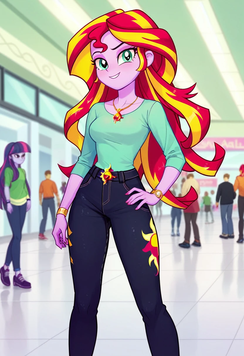 sunset shimmer from equestria girls(masterpiece, best quality:1.2), solo, 1girl, smile, looking at viewer, bedroom eyes, lifting an eyebrow , leather jacket, purple skirt, black boots, full body, ((skirt lift, pussy))Jabstyle