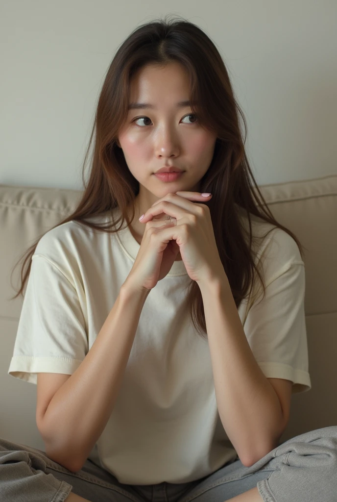 arafed asian woman with freckles and red lipstick looking at the camera, detailed face of an asian girl, southeast asian with round face, korean face features, asian face, korean symmetrical face, freckled face, sparse freckles, woman with freckles, markings on her face, asian features, light freckles, young adorable korean face, she full body wearing a long sleeve blouse and jeans with a black nike sneaker