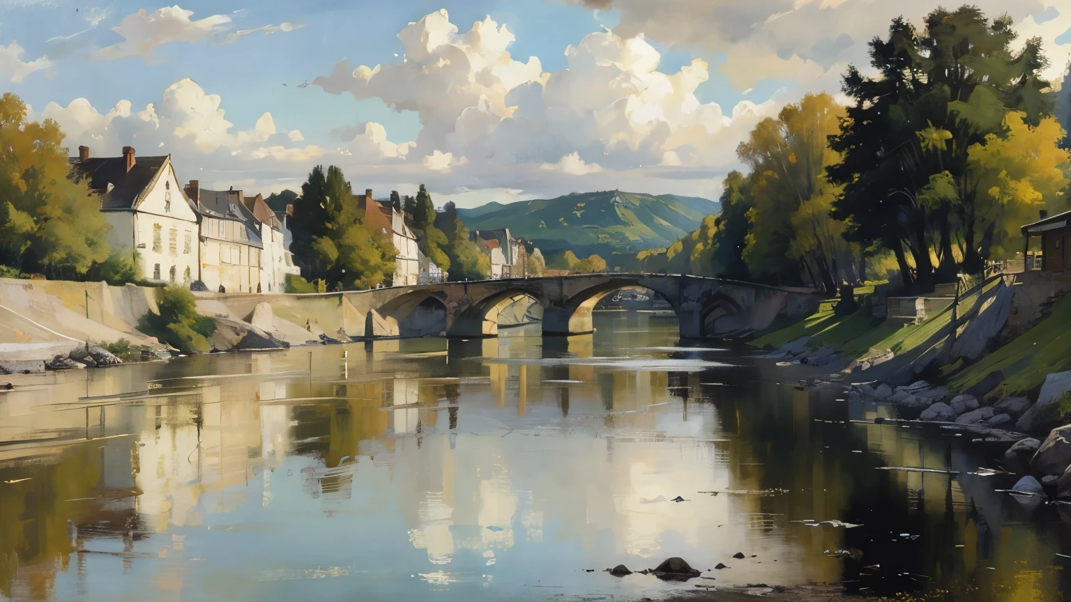 River and bridge、Painting of a landscape with buildings in the background, Peter Francis Diek, Karl Friedrich von Breda, Fritz Thaulow, Henri Alpinier, Luigi Casimir, Eugene Bruns, Henri Viva, Adolf Schroeder, Ernesto Bieler