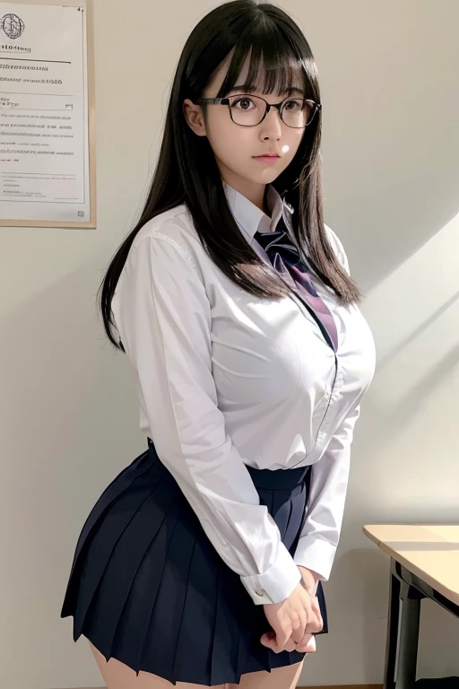 Draw in detail，Best Quality，8k，Japanese，high school student，Long black hair，She has her bangs down，Huge breasts，Extraordinary size boobs，tall，Breast Tent，Black-rimmed glasses，Plump thighs，Confused eyes，Student Uniform，Student Council President，Serious expression，Cool look，Beauty，Standing in classroom