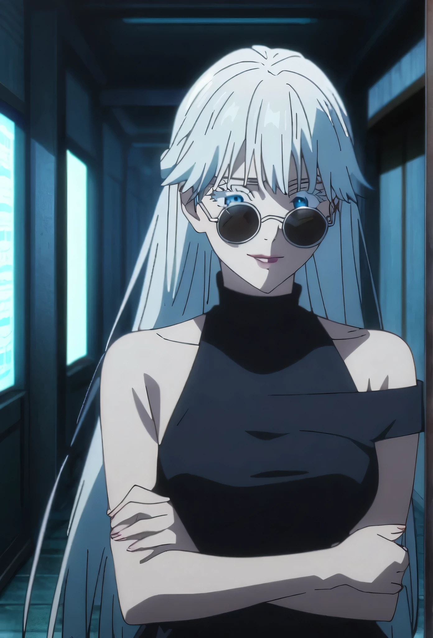 1girl, female gojo satoru, anime screencap from jujutsu kaisen, gojo satoru female version, solo, long_hair, blue eyes, ((white eyelashes)), ((white_hair)), night view, breasts, upper_body, smile, indoors, book, bangs, blue_eyes, lips, (wearing round sunglasses) , ((her hairstyle : The character in the image has long straight white hair)) wearing black color party dress, bare shoulder, breast, "very detailed and high resolution" (blue eyes) ((cross arms)) ((long hair)) ((solo))
