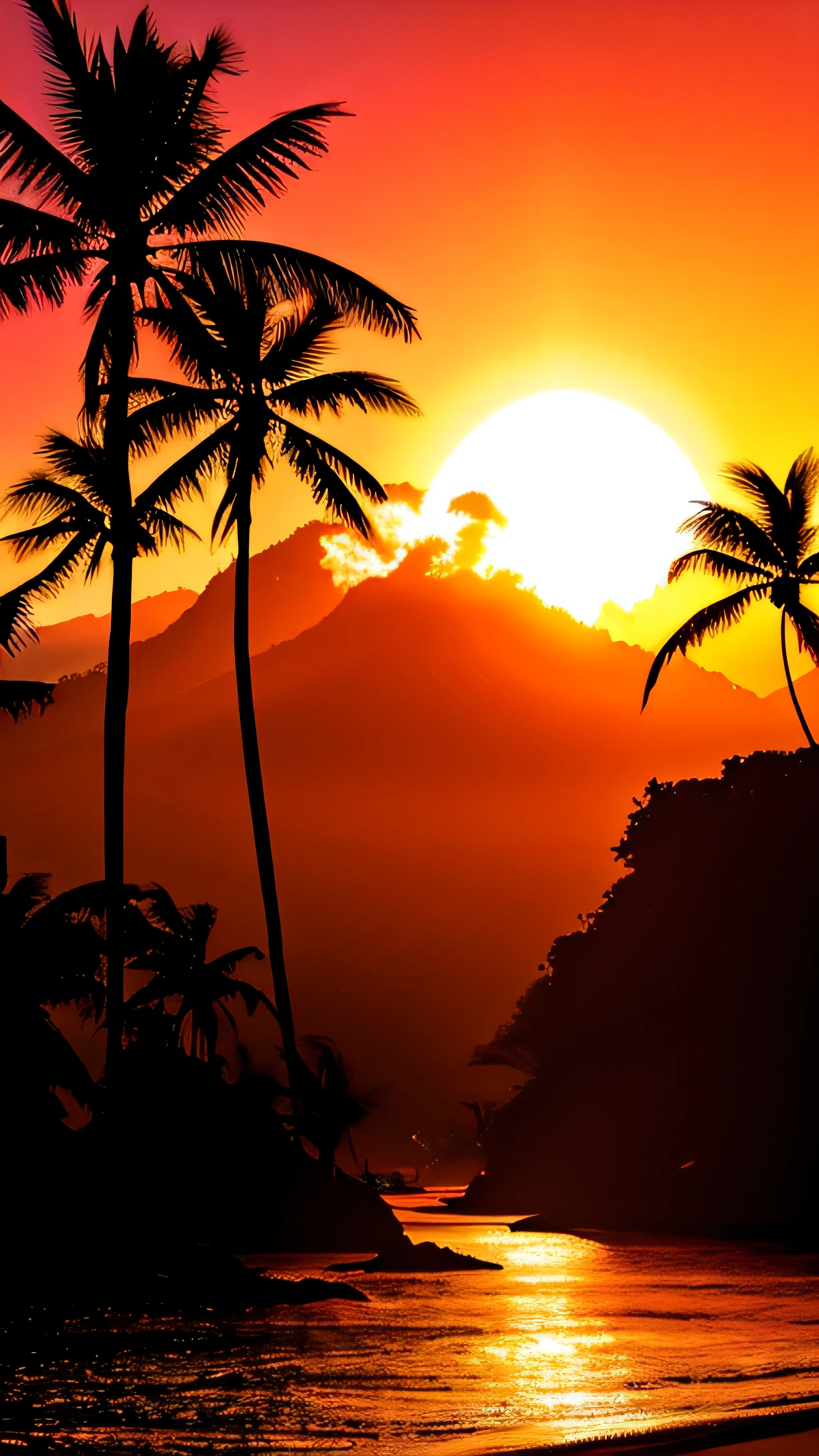 Lush tropical island scenery, Gentle waves on the beach, Palm trees, Dense rainforest deep in the hills. Dramatic red and orange sunset.
High contrast and high saturation, Very detailed, High image quality, Mysterious masterpiece, Particle Effects, (Dust, Gust of wind:1.07), ボリュームLight, Light, Goldsmith, Vibrant colors, Bokeh, Deeply written boundaries.
