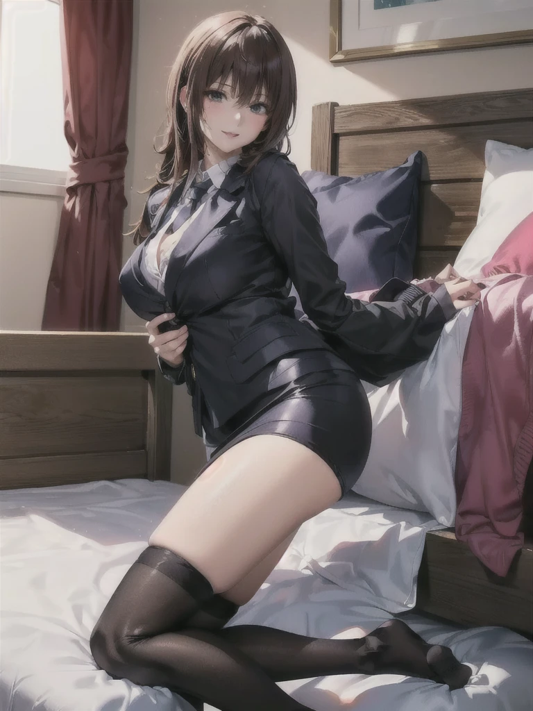 ((Best Quality)), ((masterpiece)), (detailed), One Girl,(Knee-length),Private Server,Model body type,Big Breasts,(Short skirt),(Black knee-high socks),(Open Chest Button),((Black knee-high socks)), woman,(Mischievous Appearance),((Excited expression)),Viewer attention required,Nswf Japanese,(Attractive looks),Sweating,Teary-eyed,night,bed,Male elementary school student showing his penis,Standing boy,(There is a girl sitting),(Standing boyがペニスをwomanに向けます),((ペニスにキスするwoman)),(),(Side view,((とwoman))