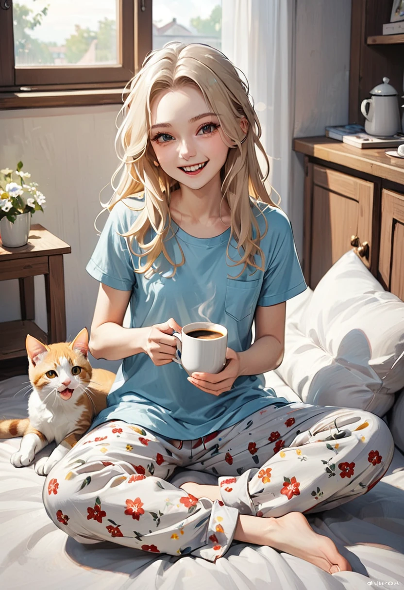 Playing with a kitten. Good morning! Enjoying a cup of morning coffee. Pretty 21yo Slavic woman, perfect figure, small natural breasts, blond hair, brown eyes, ((very pale:1.3)),  Messy hair, very light makeup, t-shirt, pajama pants. Joyful laughter.