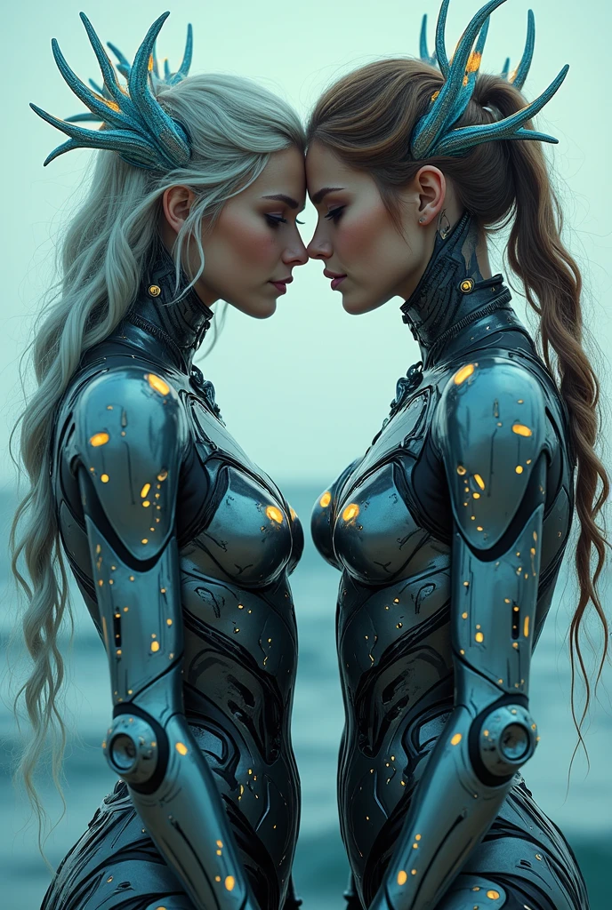 two fully naked celestial women kissing in the void of outer space, intimate, sexual, (masterpiece, high definition, 8k, extremely detailed), transparent skin, (diamond skin), outer space under the skin, (nebulae skin)